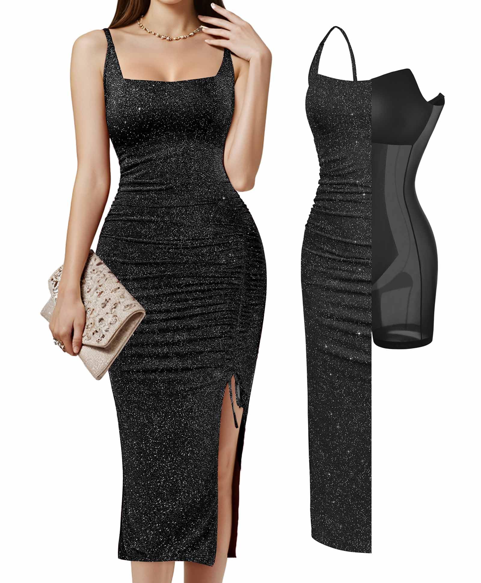 Popilush Shapewear Midi Dress Women's Sparkly Formal Wedding Guest Cocktail Dresses Fall Square Neck Ruched Dress Side Slit