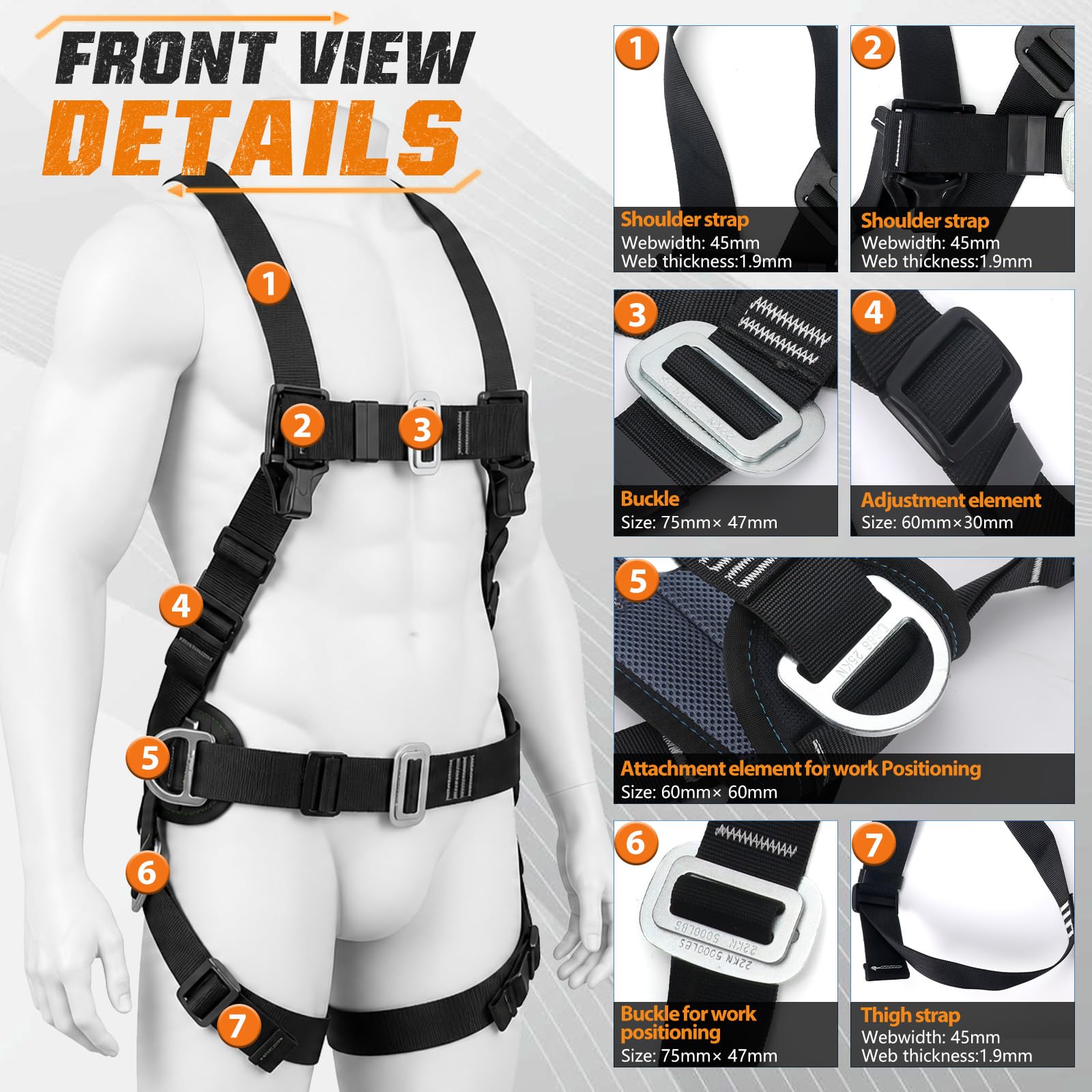 WingFly Ceinture SéCurité Anti-Chute, Kits Antichute De Sécurité 5 Points, Ergonomique Réglable Protection Antichute Baudrier Escalade,Max 150kg, avec 2 x Grandes Boucles et 2 x 1.8 m Longes