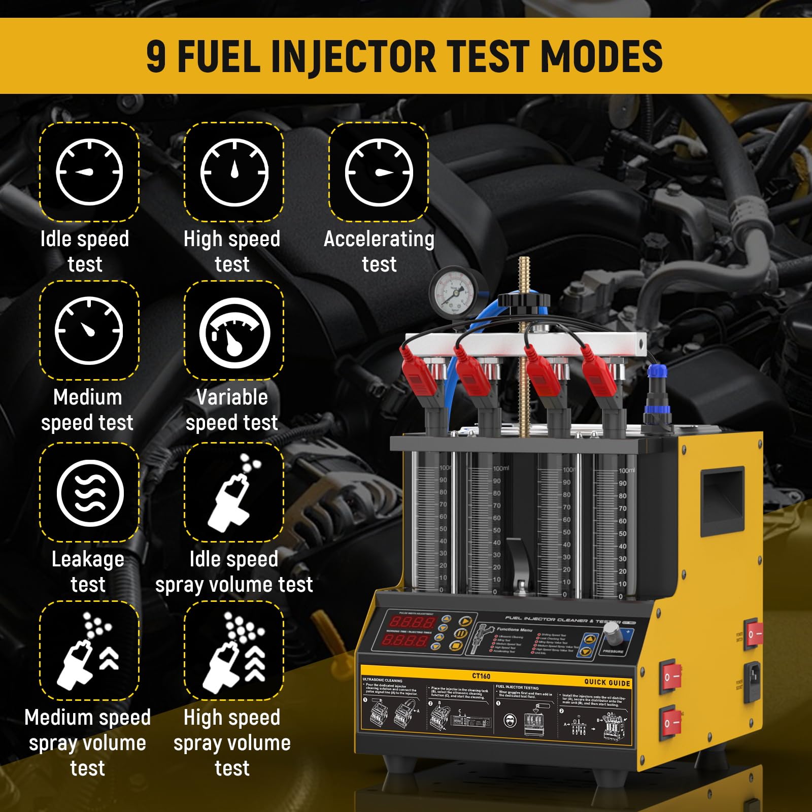 Limpiador de inyección de combustible ultrasónico con función de calefacción, 4 cilindros, limpiador de inyección de combustible para inyectores GDI, EFI y FSI, pantalla digital con 9 modos de