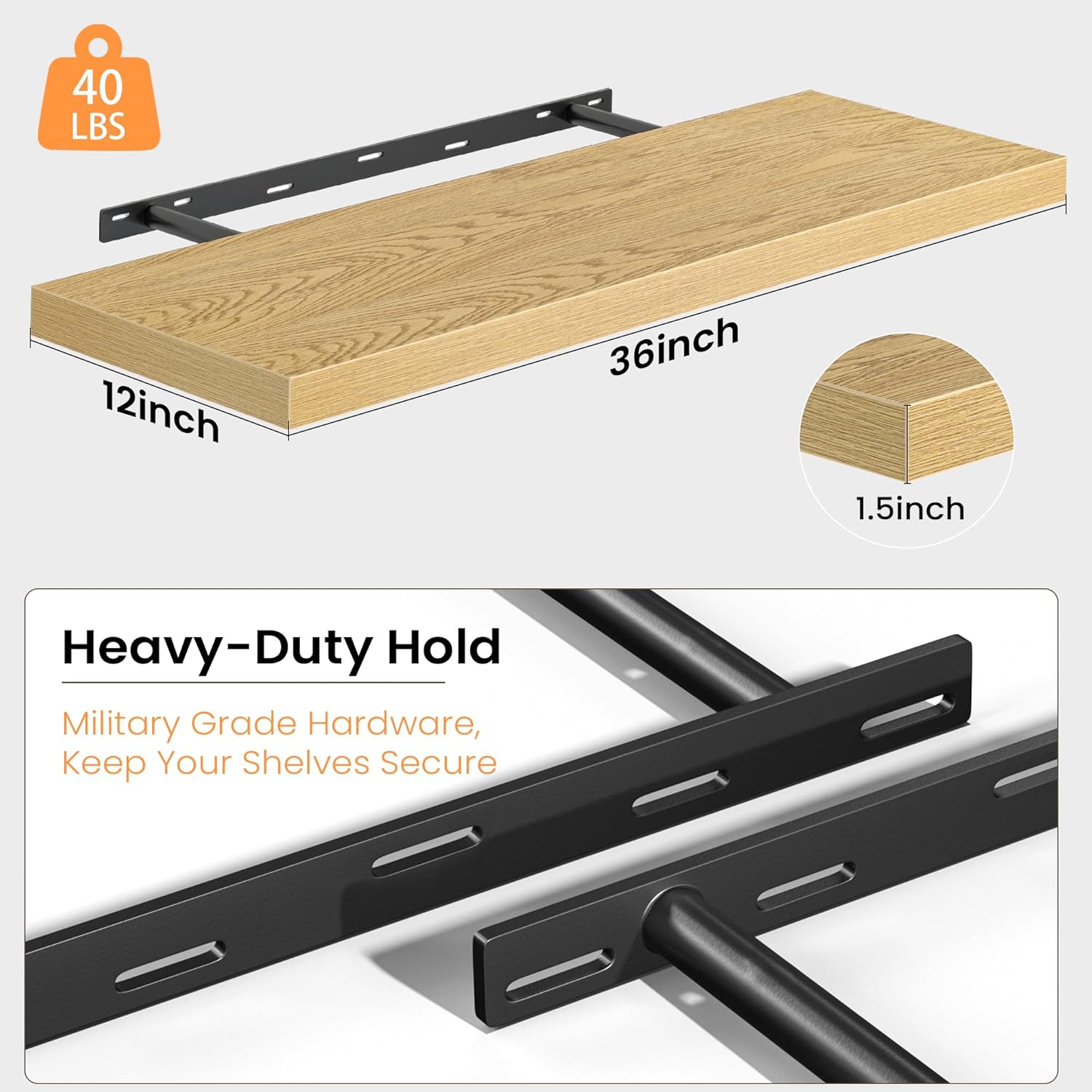 36 Inch Floating Shelves for Wall, 12 Inch Deep Shelves for Bedroom, Kitchen, Bathroom Wall Mounted, Rustic Wood Floating Shelf with Invisible Brackets for Books, Storage, Decor, Oak, 2 Pack