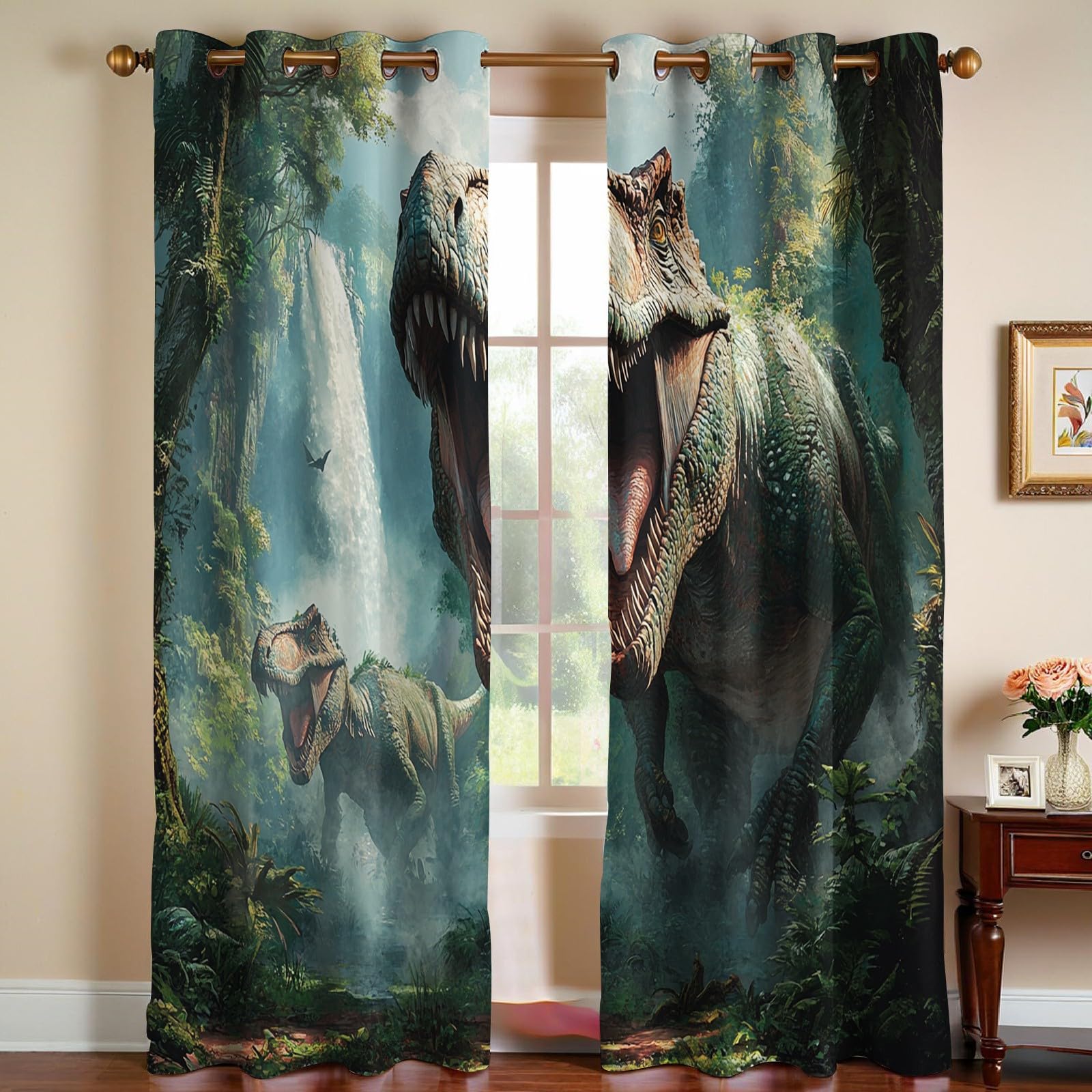 Rideaux Thermiques Animaux Dinosaures Lot de 2 Occultants Phoniques et Anti Froid avec Œillets Vert pour Chambre et Salon 140L X 245H cm
