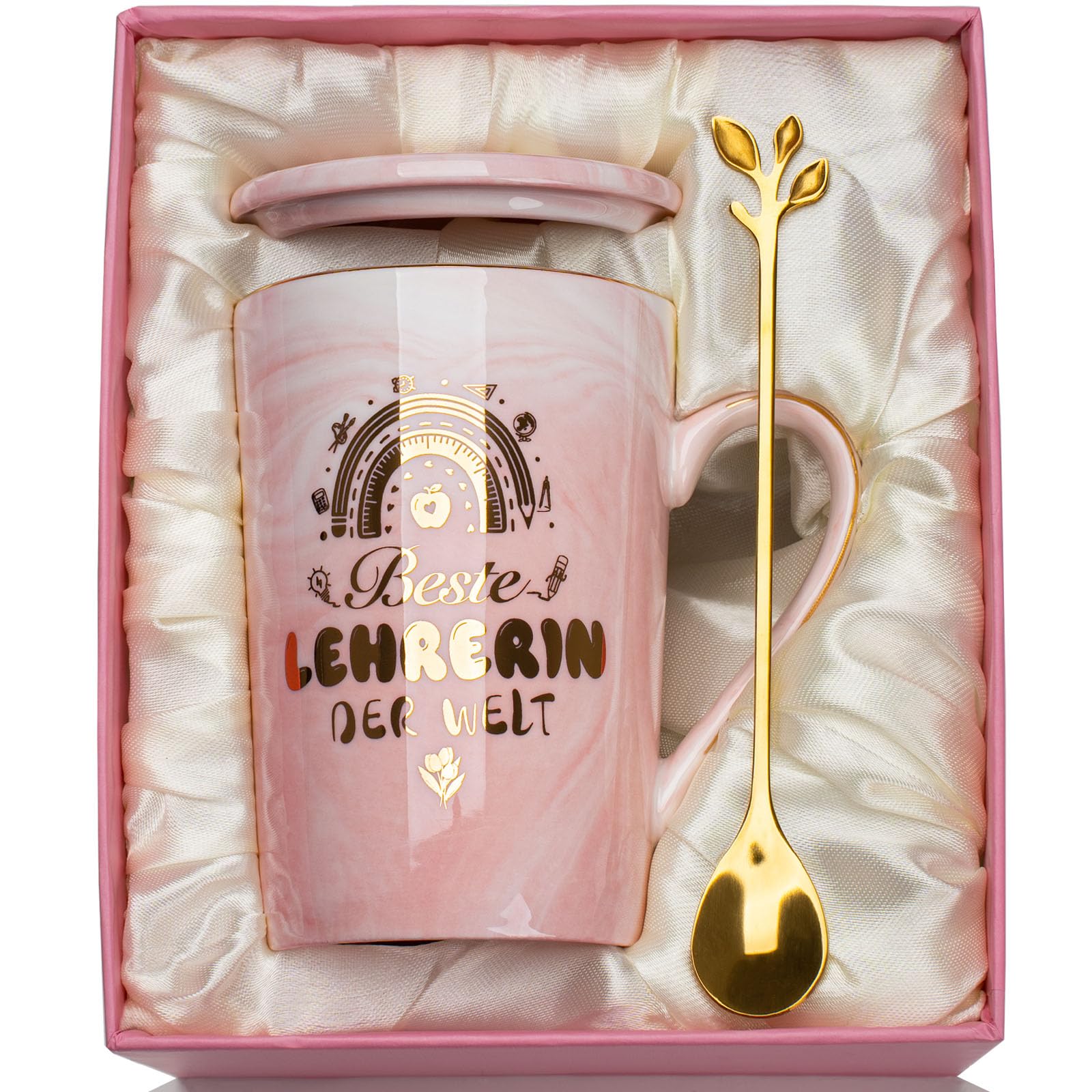 Marmor Keramik Kaffeetasse Tasse Geschenk, 400ml, Blätter Löffel, Geschenkbox, Grußkarte