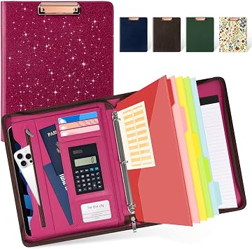 Ospelelf Zipper Clipboard with Storage, Leather Padfolio Portfolio Folder, 3 Ring Binder Dividers with Tabs, 12.1 Tablet Sleeve, Refillable Notepad, Card Slot Rose Red