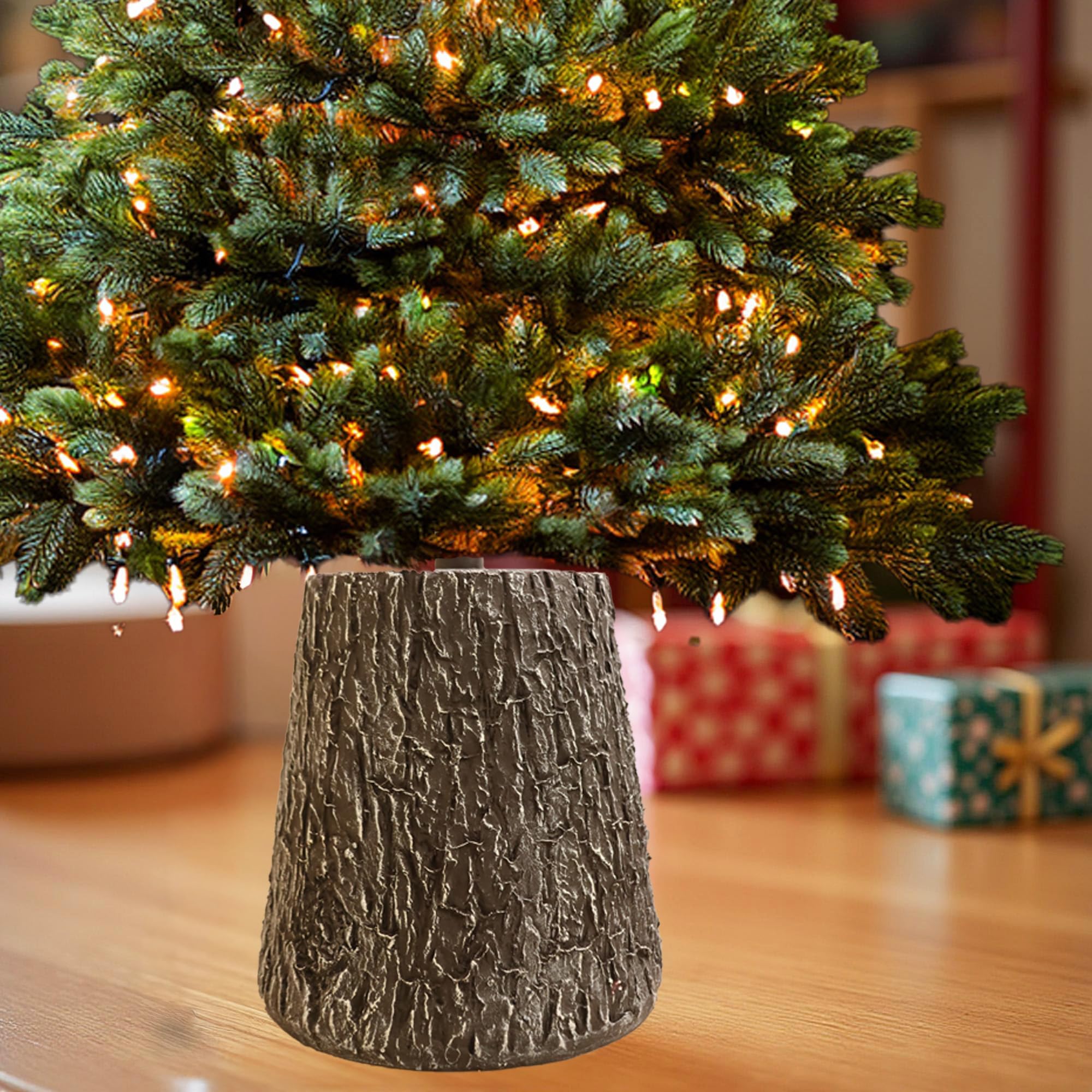 Base Supporto Albero di Natale da 180 a 270h cm in Magnesia - Forma Tronco, Effetto Legno Realistico, Base Solida, Attacco Universale, Ganci, Attacco Metallo, Decorazioni - Marrone Scuro