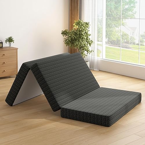 Miniatura 7 de Colchón de espuma viscoelástica de tres pliegues, colchón portátil tamaño Queen de 6 pulgadas, tapete plegable para viajes, campamento y yoga, funda