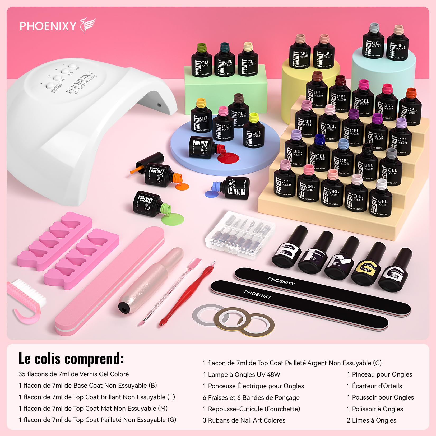 PHOENIXY 40PCS Kit Vernis Semi Permanent Complet avec 48W Lampe UV, Ponceuse pour Ongles, 35 Couleurs Kit Ongle Gel UV Complet avec Base et Top Coat Professionnel Kit Manucure