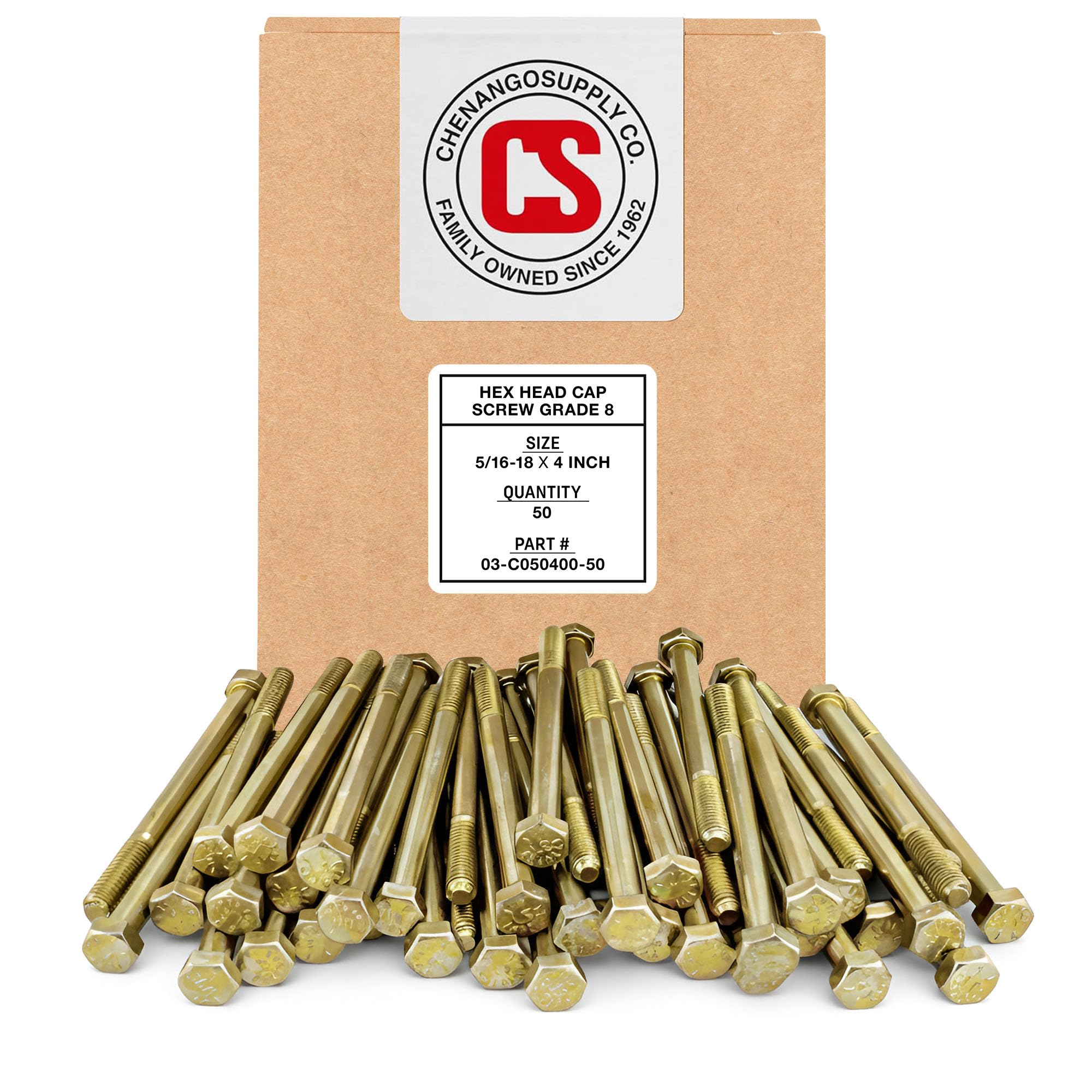 Chenango Supply 5/16-18 x 4" Grade 8 Hex Head Bolts – Alloy Steel, Yellow Chromate Zinc, USS Coarse Thread, 150,000 PSI Tensile Strength,