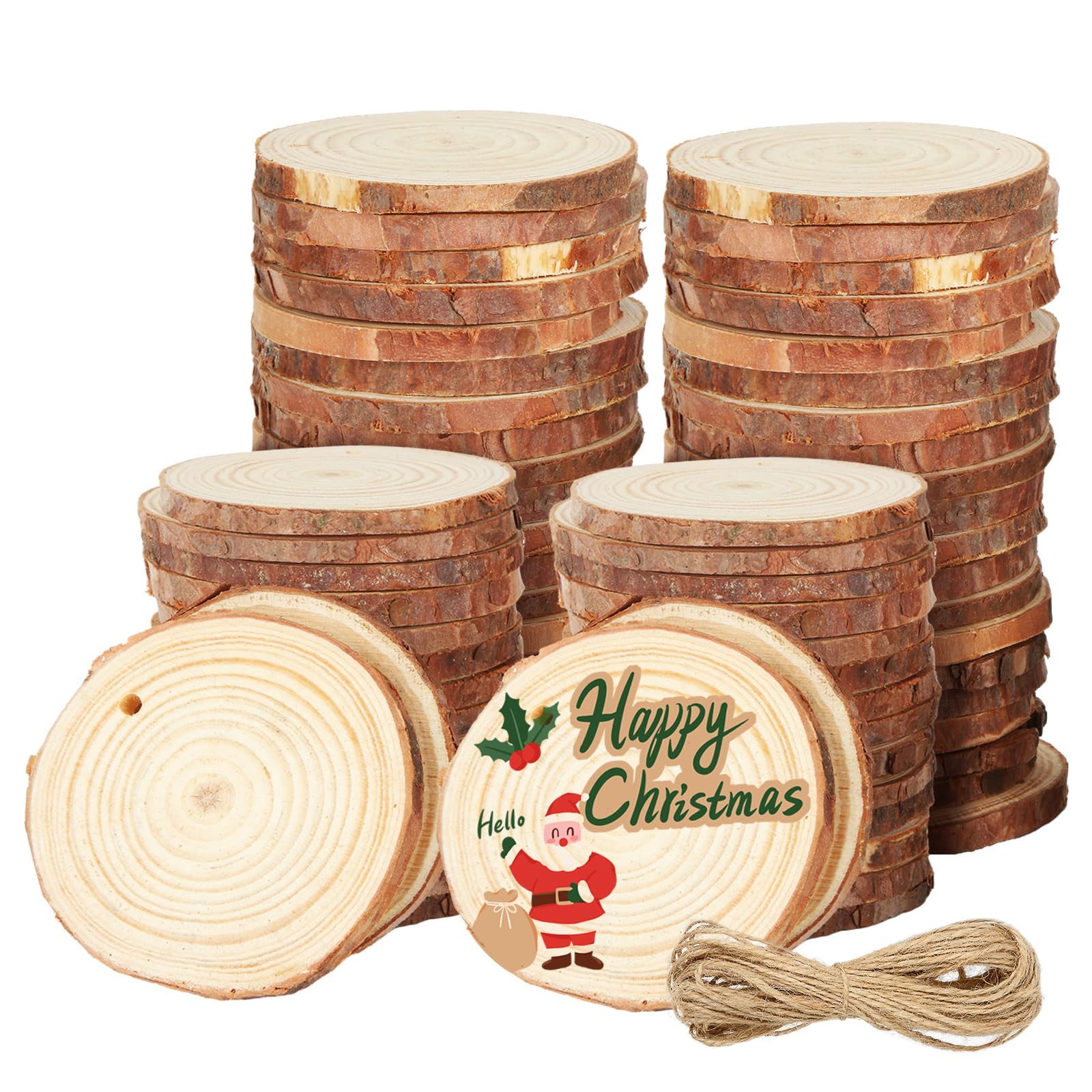VIDETOL 60 Stück Holzscheiben, 7-8 cm Baumscheiben Rund mit Einem Bündel Hanfseil, Unvollendete Holzscheibe mit Loch für DIY, Hochzeit, Handwerk, Weihnachten Dekoration