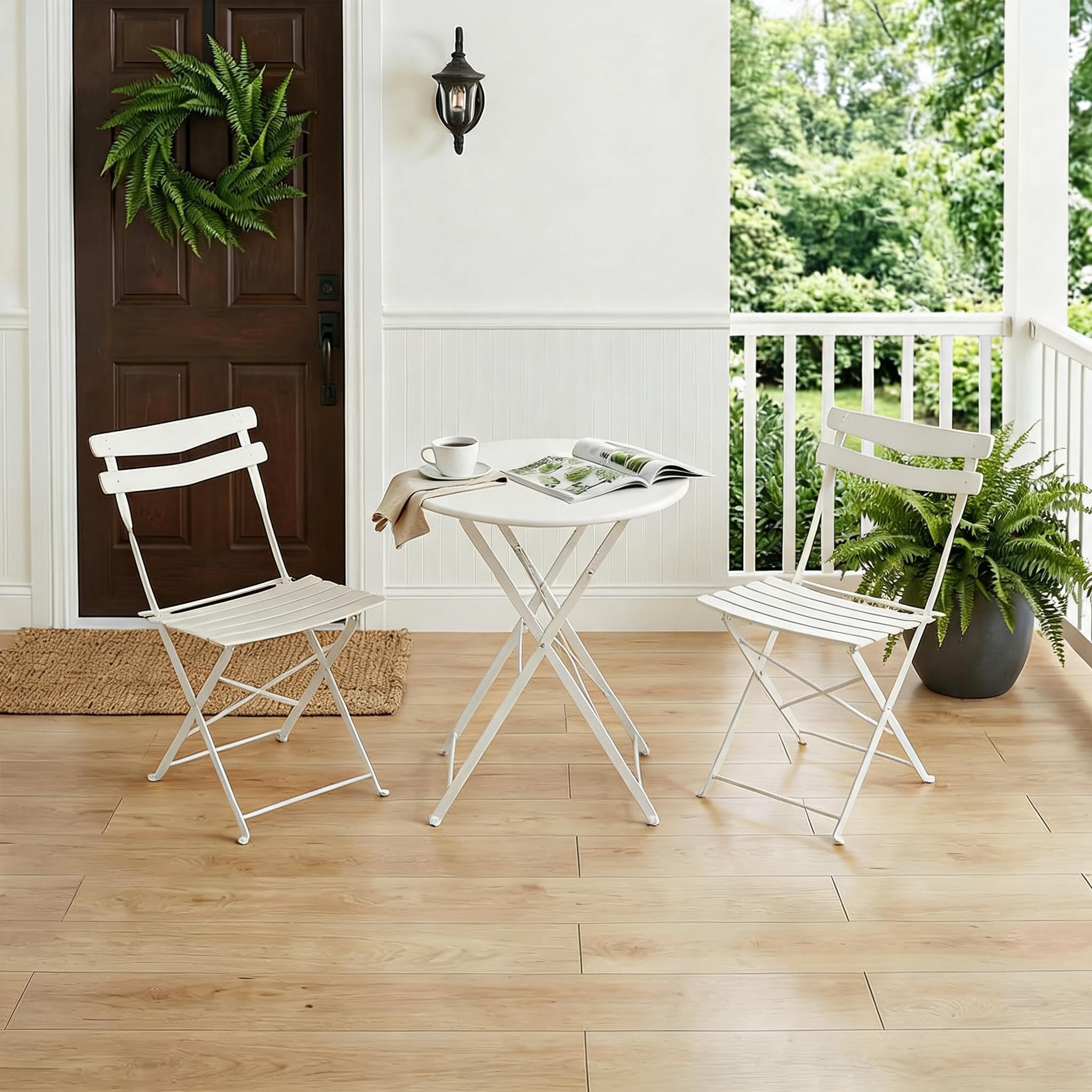 GarveeMore Bistro Table and Chairs Set 2, Foldable 3 Piece Metal Bistro Sets for 2 for Garden, Lightweight Iron Patio Furniture Set with Folding Table and Chairs for Balcony, Garden and Patio, White — image 1