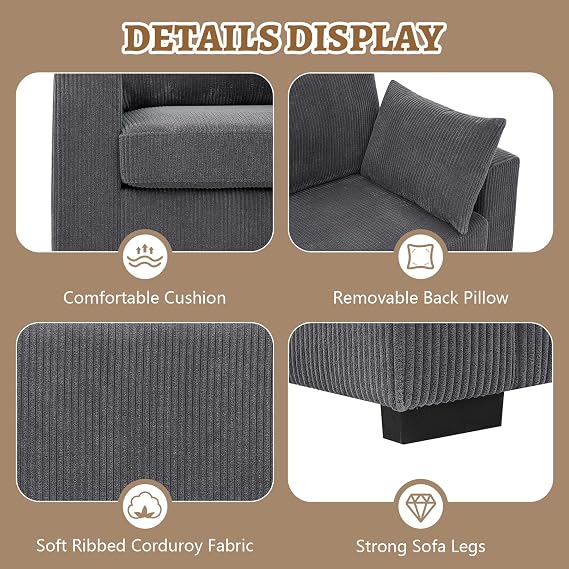 79 Loveseat Sofa, 2 Seater Couch with Pillows, 21in Extra Deep Seats, Comfy Corduroy Sofas for Living Room, Small Spaces, Bedroom (Dark Gray)