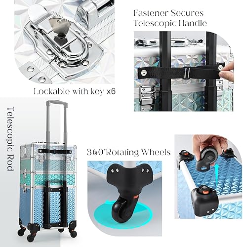 Miniatura 4 de Adazzo 3 en 1 Profesional Rolling Maquillaje Tren Caso de Aluminio con Ruedas de Rotación de 360 para Makuep Artista Cosmético Maleta Organizador