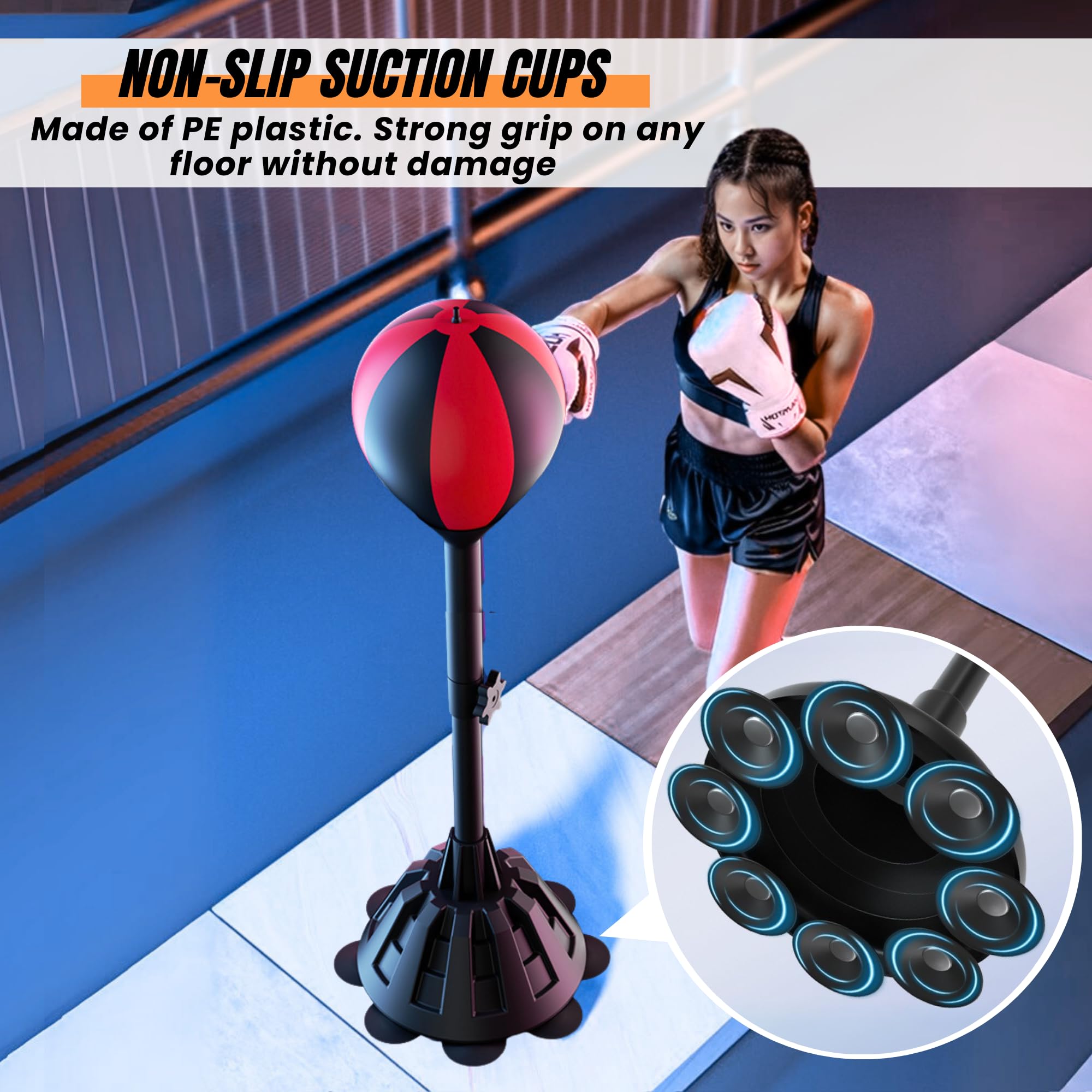Bola de Boxeo con Soporte Ajustable, Saco de Boxeo Vertical, Base Fija, Incluye Guantes, Inflador y Destornillador. Pelota de PU de Alto Rebote. Entrenamiento en Casa Ideal para Niños y Adultos.