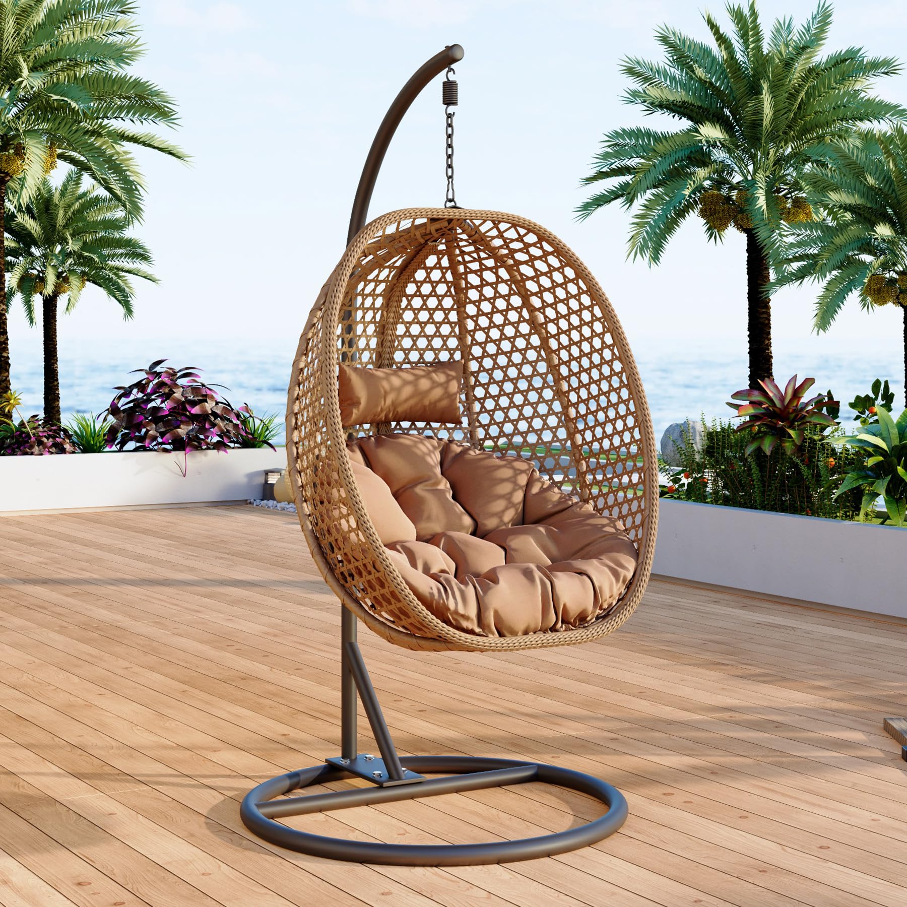 Egg Swing Chair Outdoor with Stand, Hanging Egg Rattan Basket Chair with Cushion and Pillow, Lounge Chairs, Foldable Basket and Metal Stand for Porch,