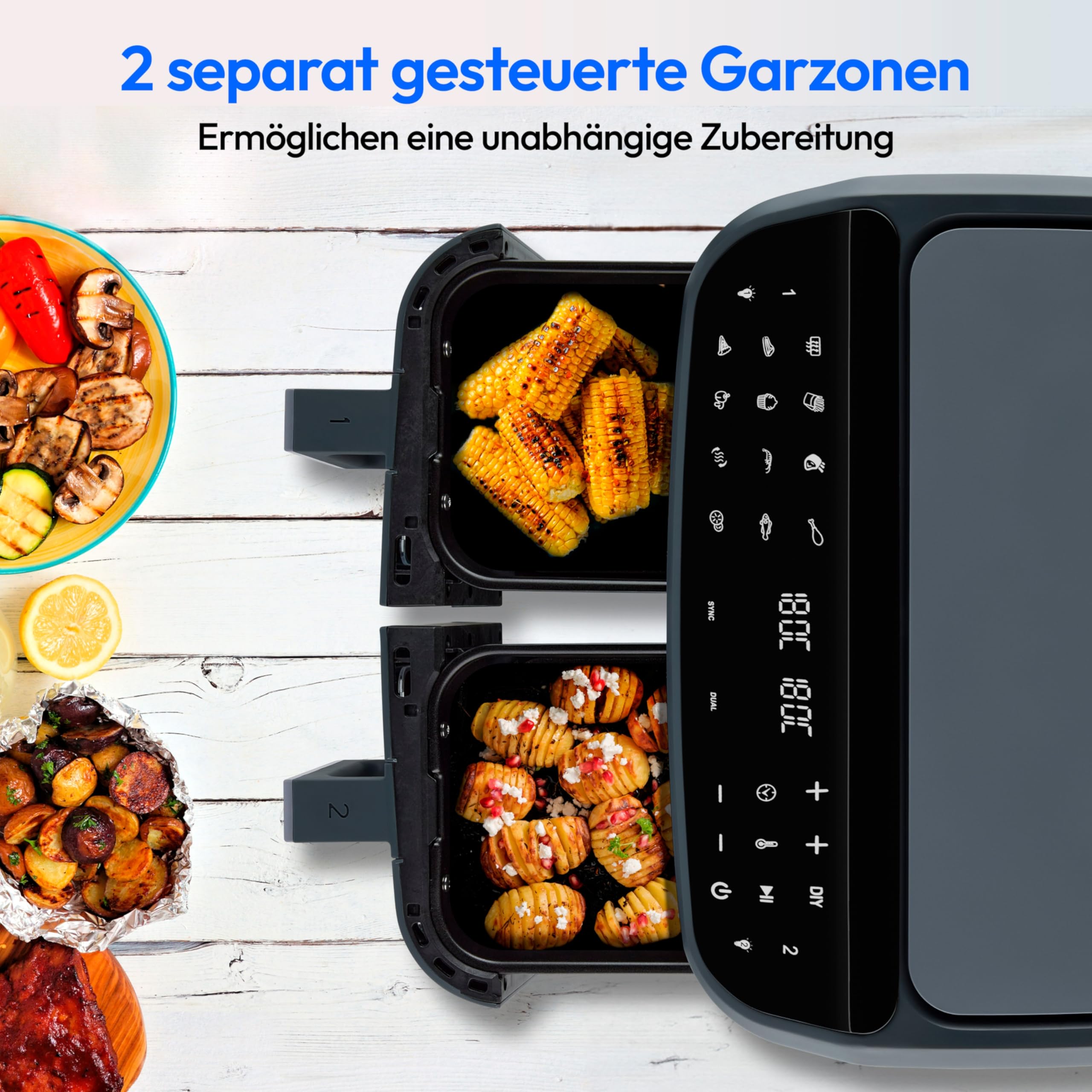 MEDION P20 XXL Heißluftfritteuse mit 2 Kammern (8,7 Liter, Airfryer, 2.600 Watt, Doppelkammer, 10 Automatikprogramme, 2 Schubladen, Sichtfenster, Dualer Airfryer, ILAG PFAS-frei, MD11760) matt grau