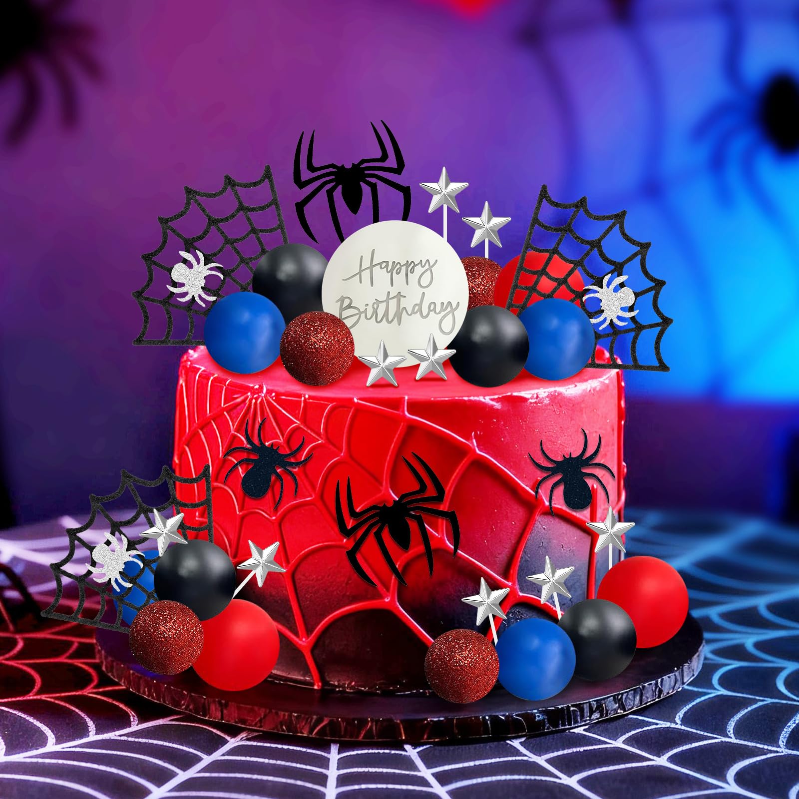 Decorazioni Torta Compleanno Ragno, 42 PCS Decorazioni Torta con Ragnatela Palline, Topper Torta Compleanno Ragnatela, Happy Birthday Cake Topper, per Festa Compleanno Ragazzo (A