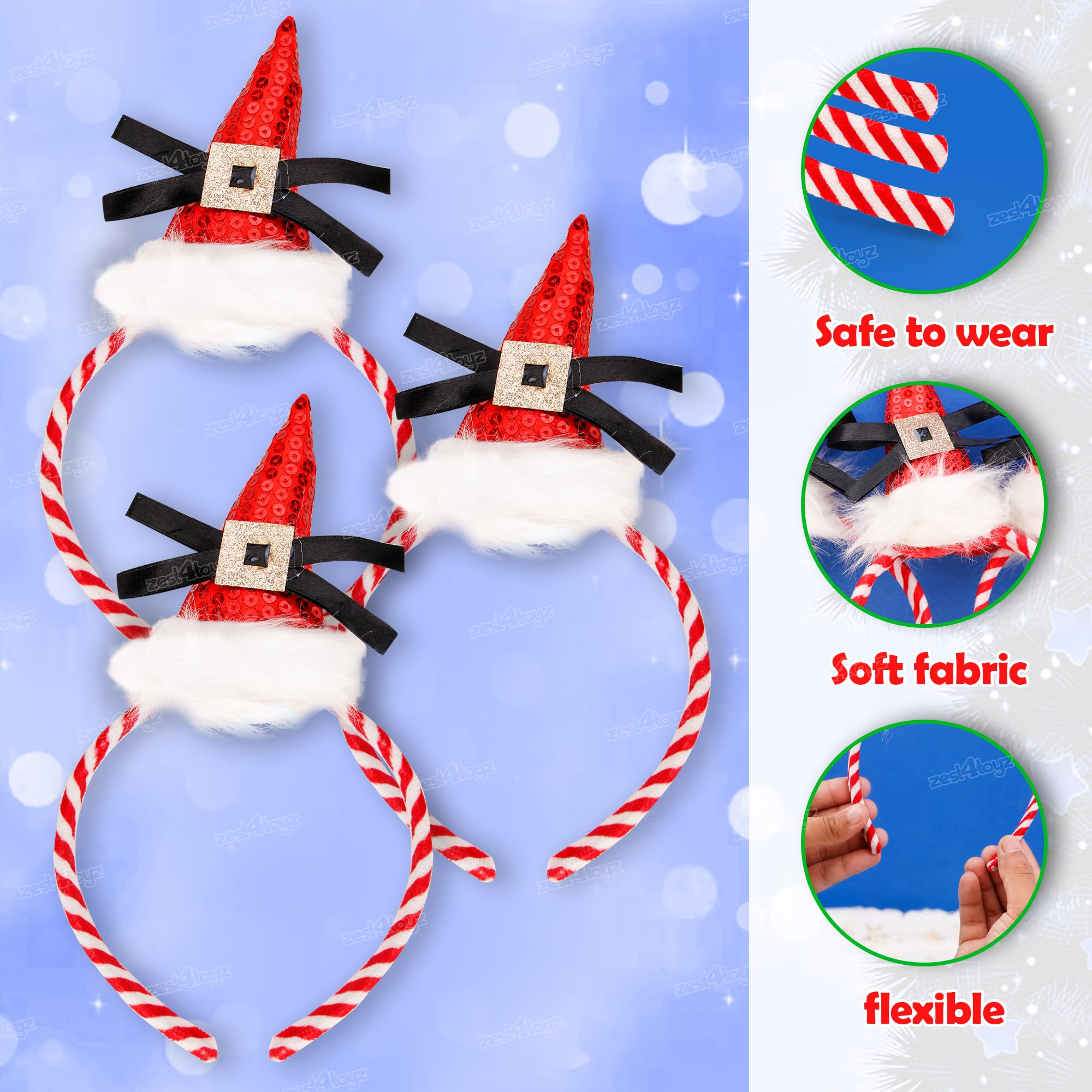 Zest 4 Toyz Santa Hairband with Candy Cane Stripes Design Faux Fur Trim and Sequin Details Headband Christmas Themed Hair Accessories for Holiday Parties (Pack of 3) 2