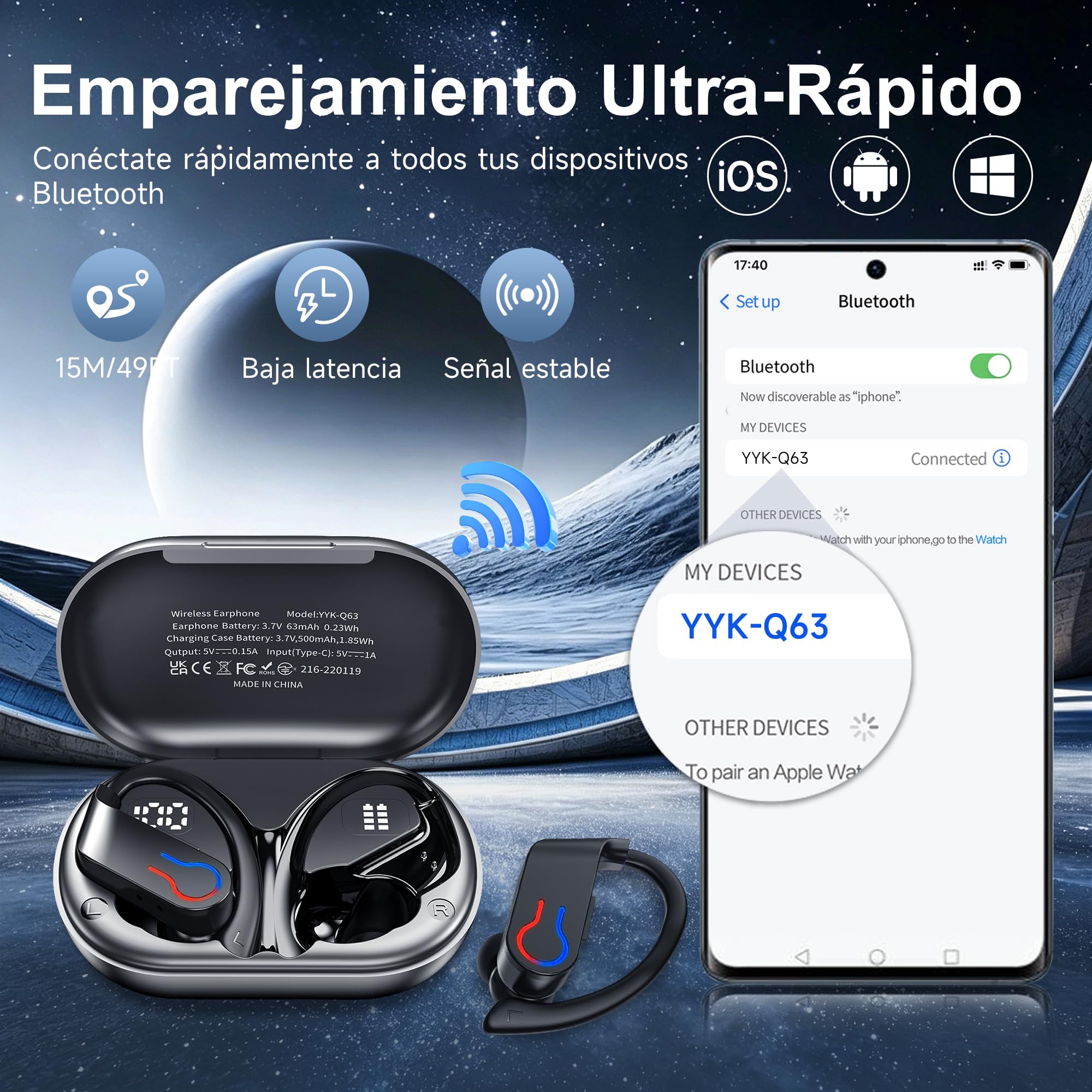 Paekole Auriculares Inalámbricos Deportivos Bluetooth 6.1 120H IPX7 | Gancho ergonómico, Pantalla LED, 120H batería, 4 mic ENC, driver 16.2mm, IPX7, botón físico, carga USB-C, ajuste seguro