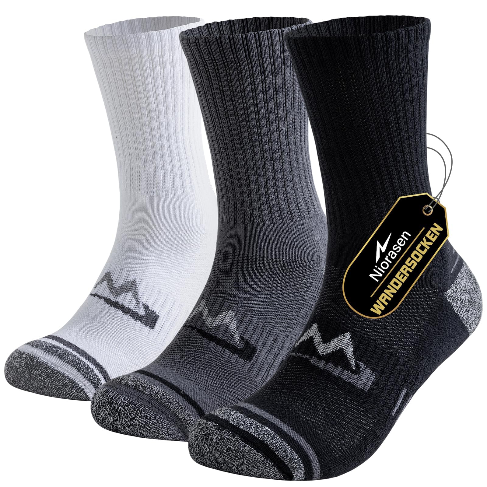 Niorasen Calze Trekking Uomo, 3 Paia Calze Sportivi in Cotone Transpirables, Calzini Spugna Anti Vesciche, Adatto per Escursionismo, Tennis e Running