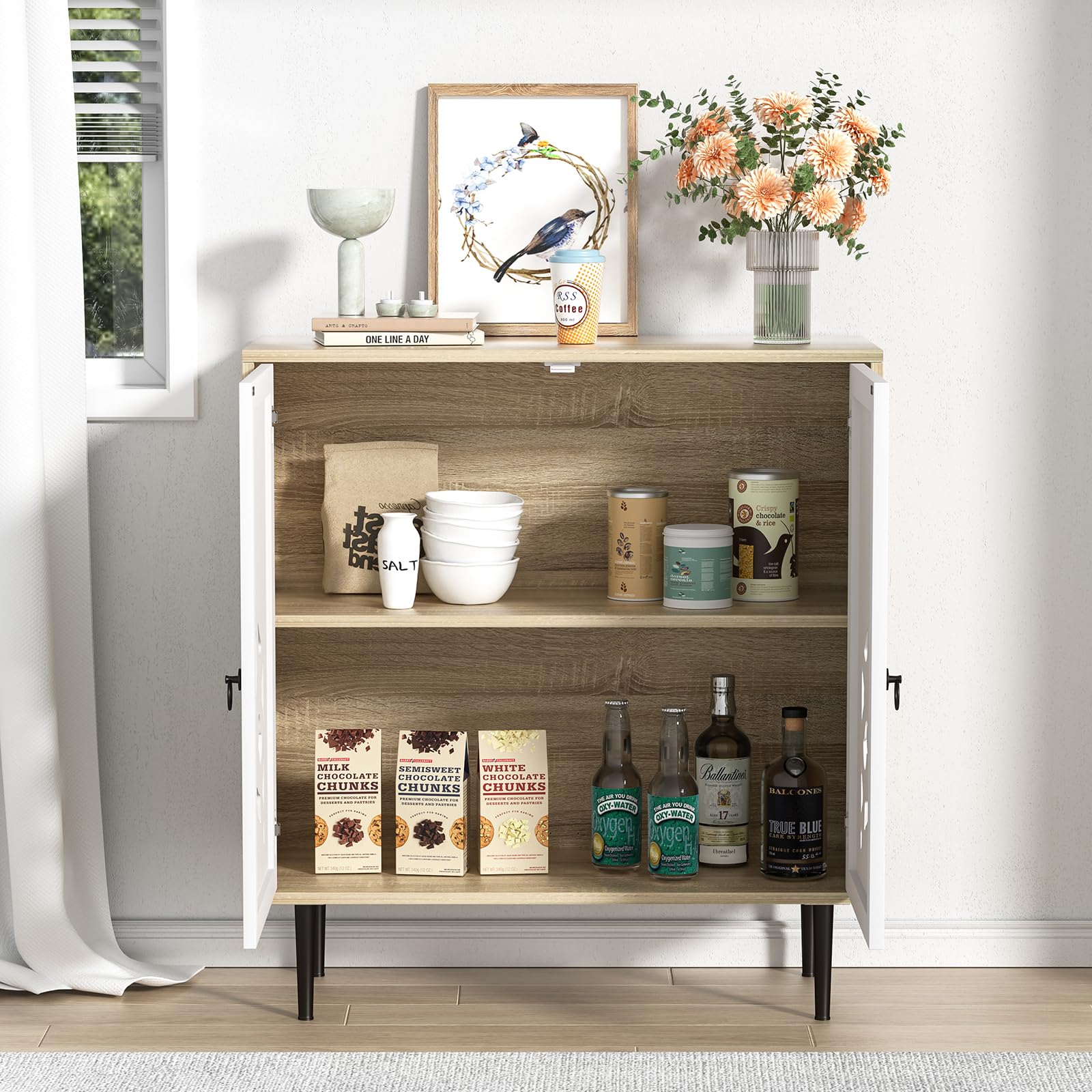 Credenza Cucina Legno, Mobiletto Contenitore per Soggiorno | Mobile da Cucina con Chiusura Magnetica, Ripiani Regolabili, Armadietto Organizzatore per Sala da Pranzo 80 x 35 x 87 cm