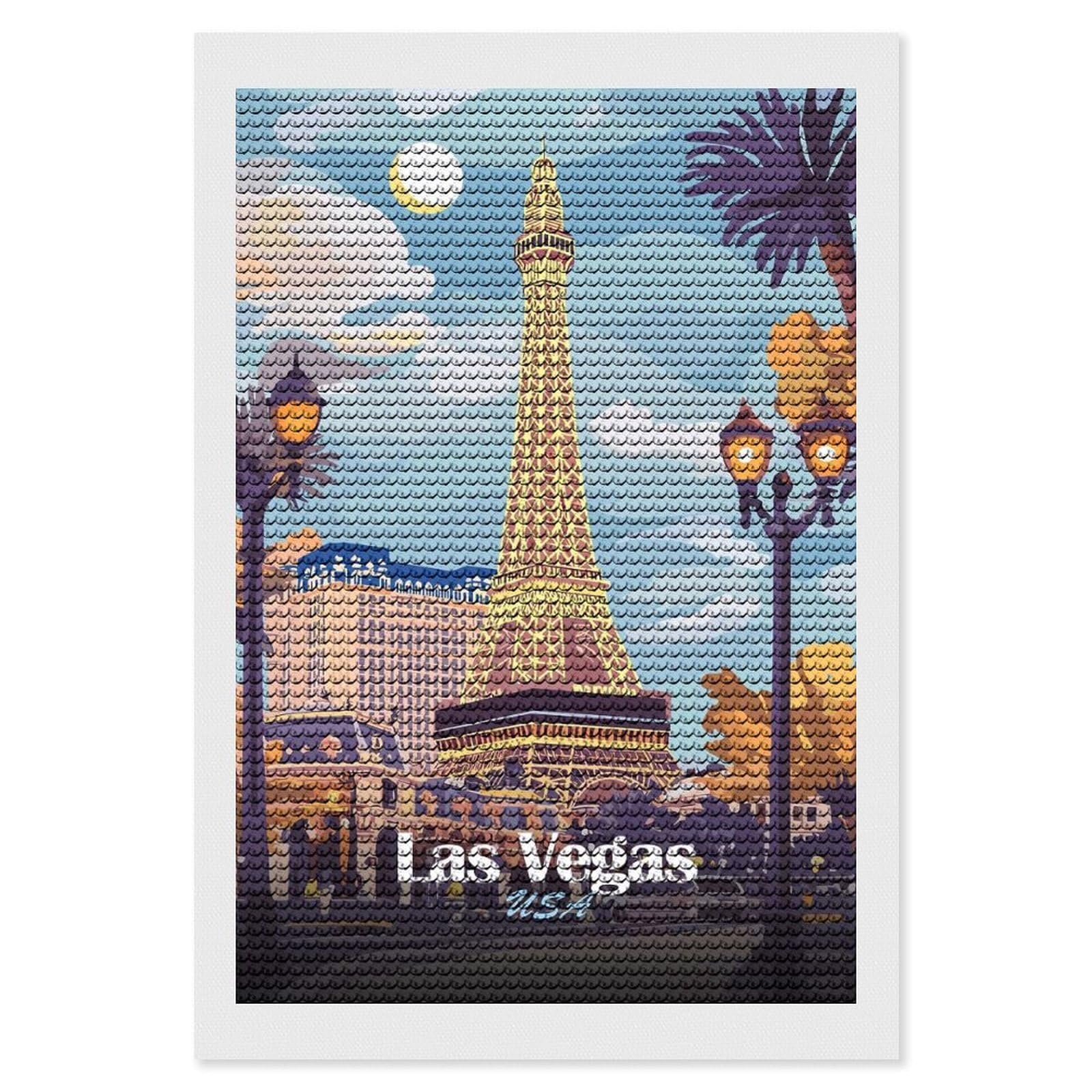 Junmoney Las Vegas Eiffel Tower Illustration Round Drill Diamond Painting 8"x12", Satisfying Creative Project, Complete Accessories, Printed Canvas