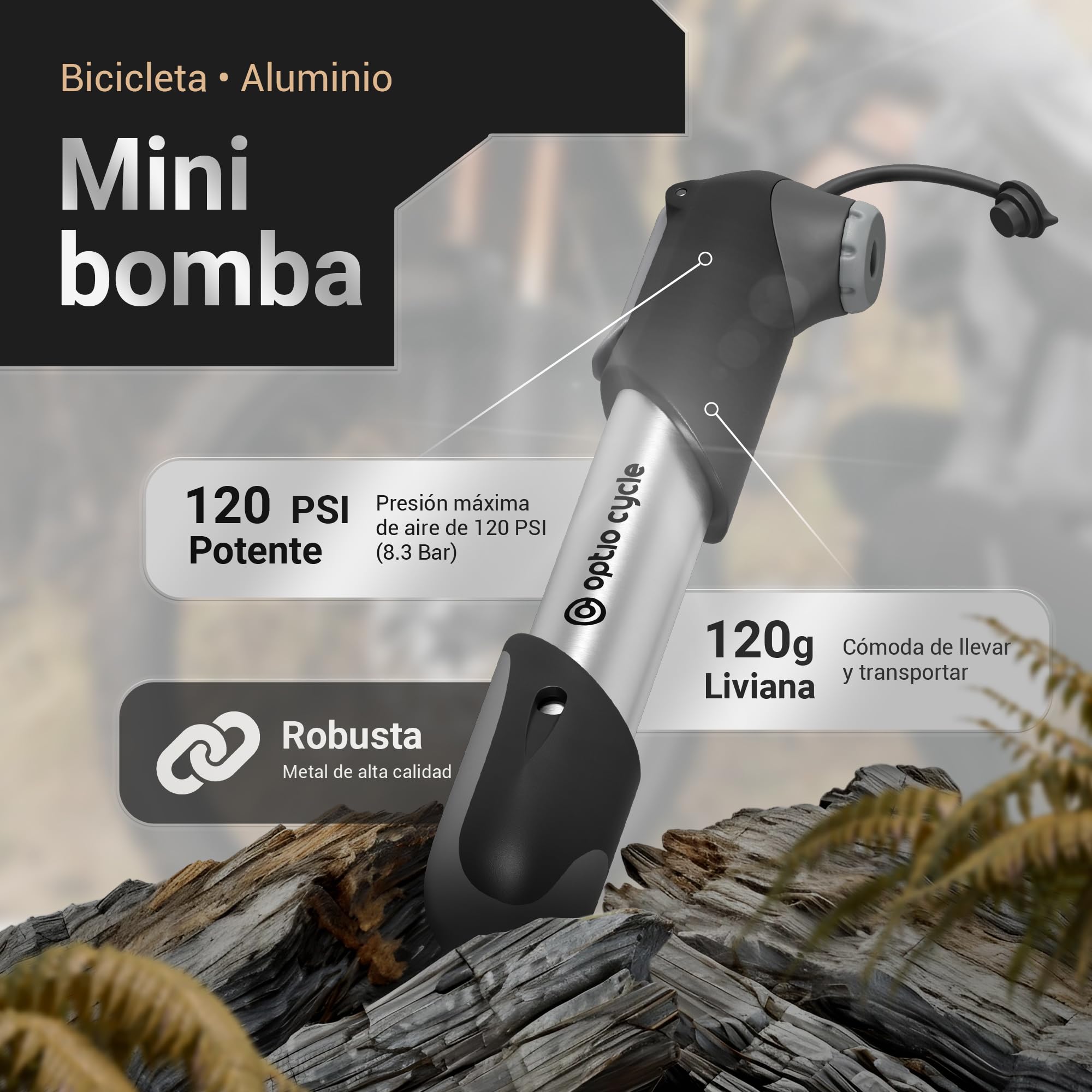 Mini Bomba Bicicleta 120 PSI / 8,3 Bar – Inflador Bicicletas Portátil para Presta y Schrader | Mini Bomba de Aire Bicicleta Manual Compacto para MTB, Carretera | Mancha, Hinchador MTB