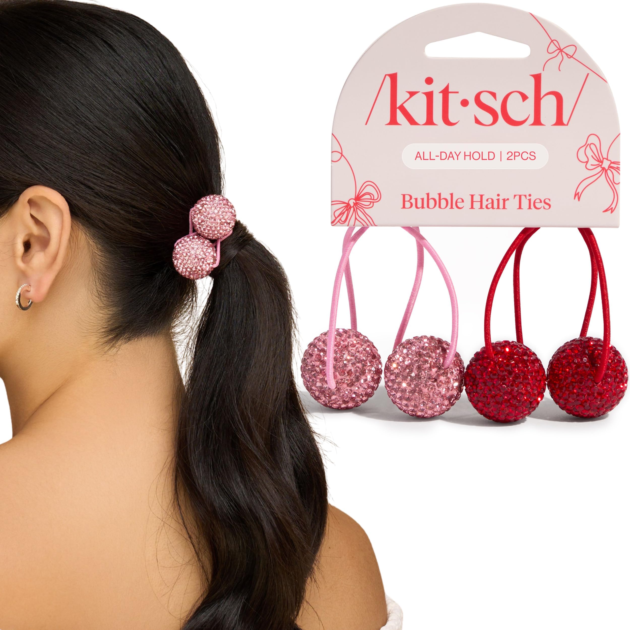 White House Black Market Round Fireball Crystal Embellished Hair Ties Pink 2 Set Red & Pink Bubble Hair Ties | KITSCH main image 4