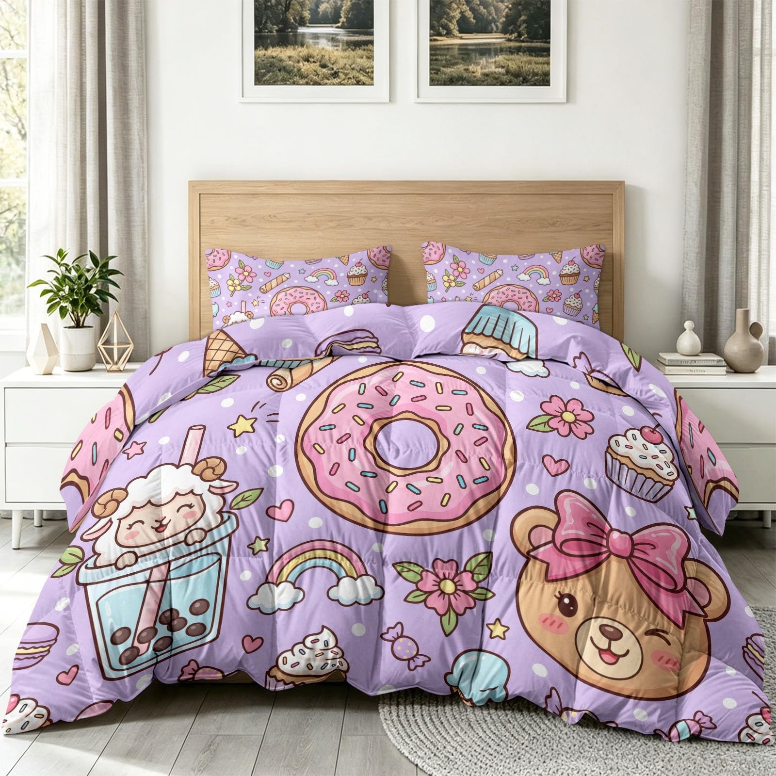 Doppelseitig Bettdecke 135 x 200 cm, Cartoon Muster Wende Bettdecken, Donut Teddybär Milchtee Waschbare Bettdecke ohne Bezug mit 2 Kissenbezüge, Rosa Lila Weich Steppdecke für alle Jahreszeiten