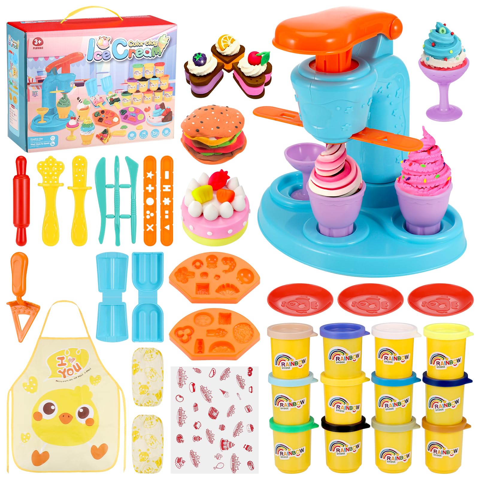 Yimomoyi 36 PCS Ice Cream Play Color Dough Set, Dough Accessories with Ice Cream Maker Machine, Kitchen Creations Pizza Color Dough Play Sets Deluxe Dough Tools Kit for Kids 3 Years+ (A)