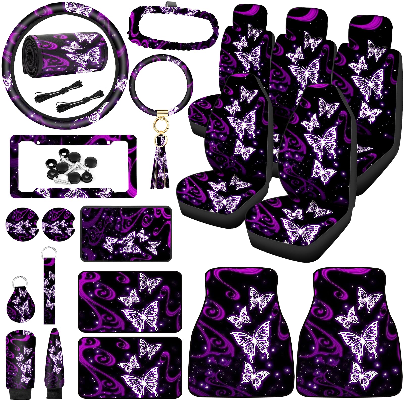 Tallew Butterfly Seat Full Set for Women Butterfly Universal Car Accessories Rubber Steering Wheel Cover License Plate Frame Mirror Covers 26 Pcs Fit Car SUV Auto(Purple Style)