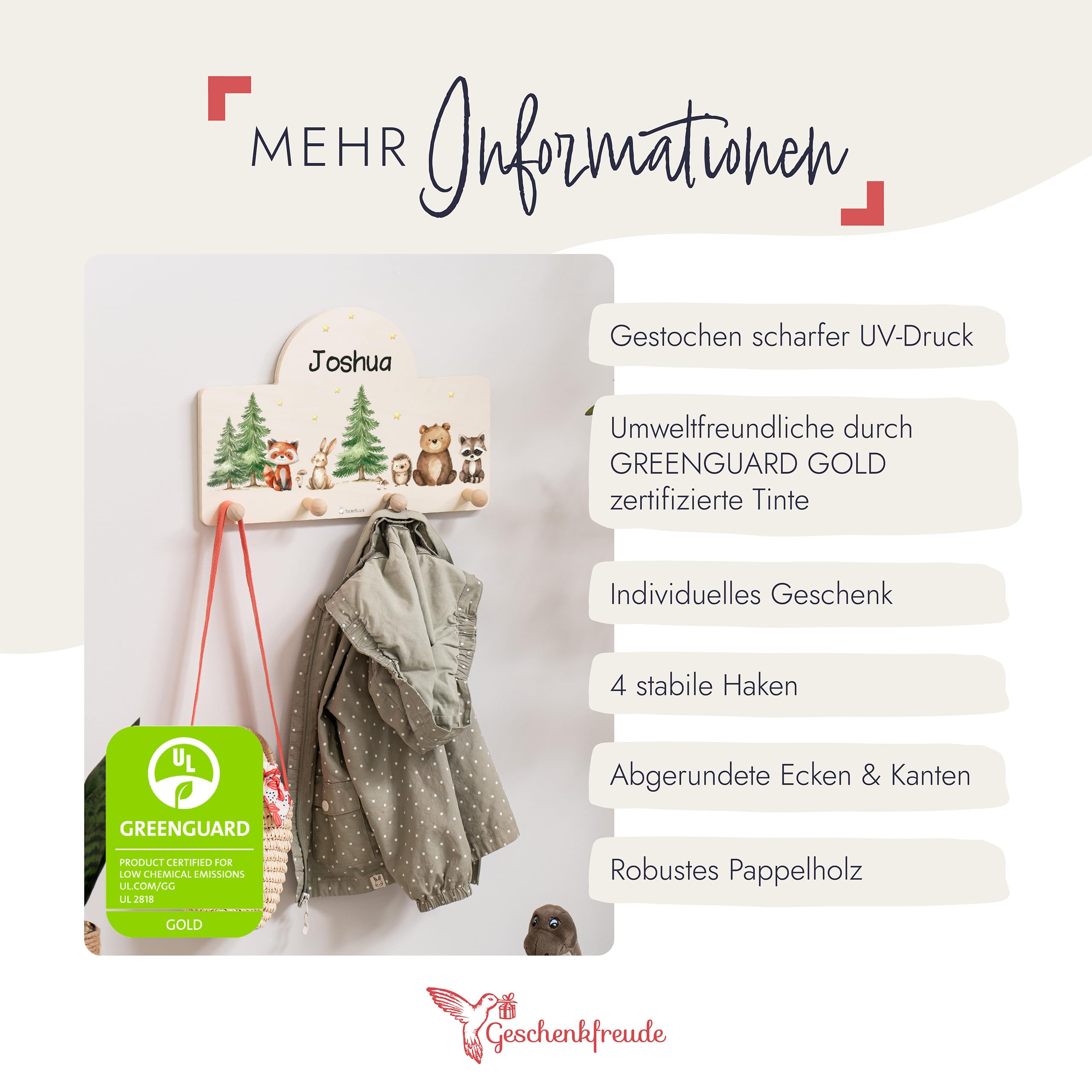 Geschenkfreude Personalsierte Kindergarderobe mit Namen aus Holz - Kinder Garderoben Waldtiere - einzigartige Kinderzimmer Deko - Wandgarderobe - Baby Garderobe - Kleiderhaken für Kinder