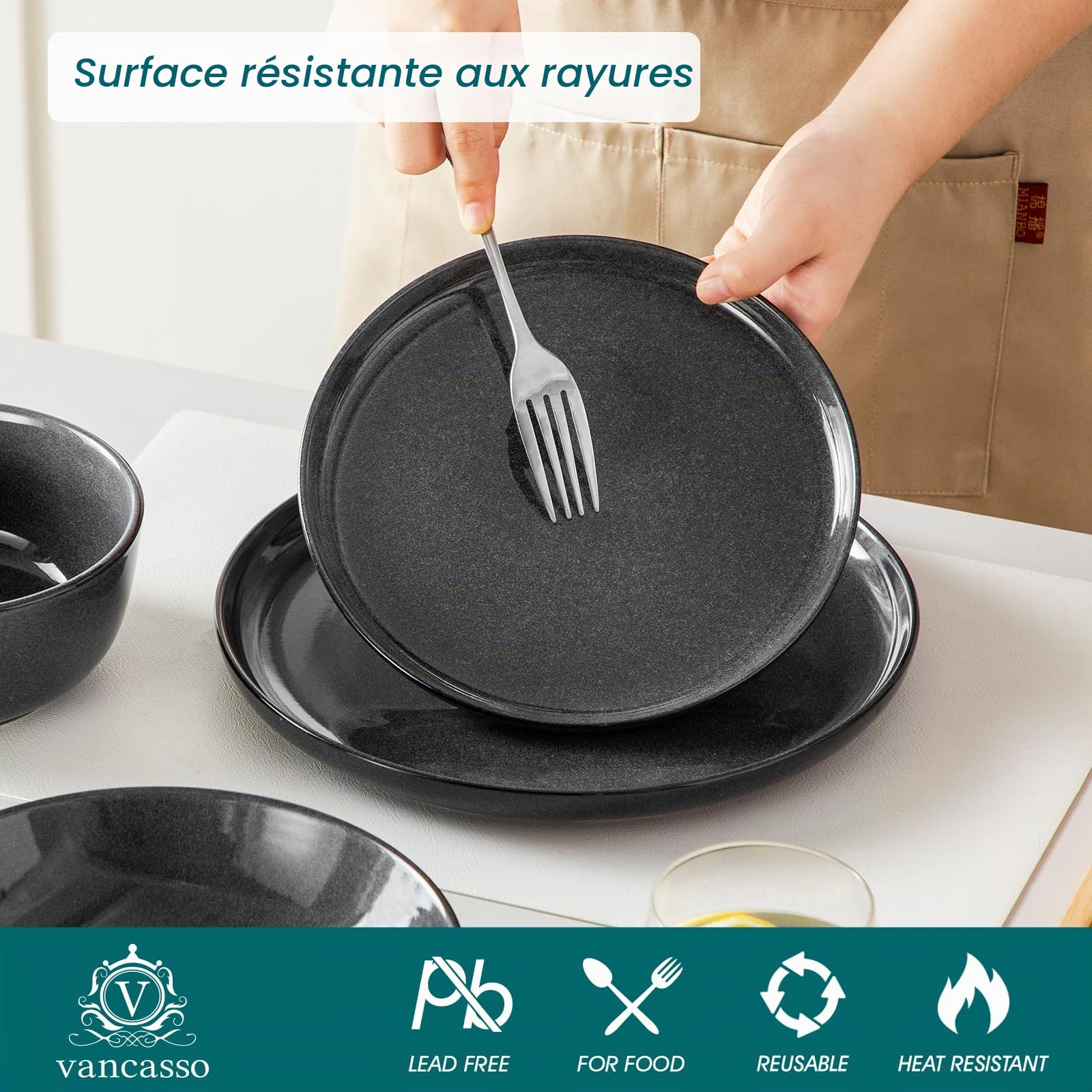 vancasso Série ANYA Assiettes Service de Table 24 Pièces pour 6 Personnes, Vaisselle en Grès - Glaçure Gris Double Flambé - Passe au Micro-Ondes, au Four et Au Lave-Vaisselle