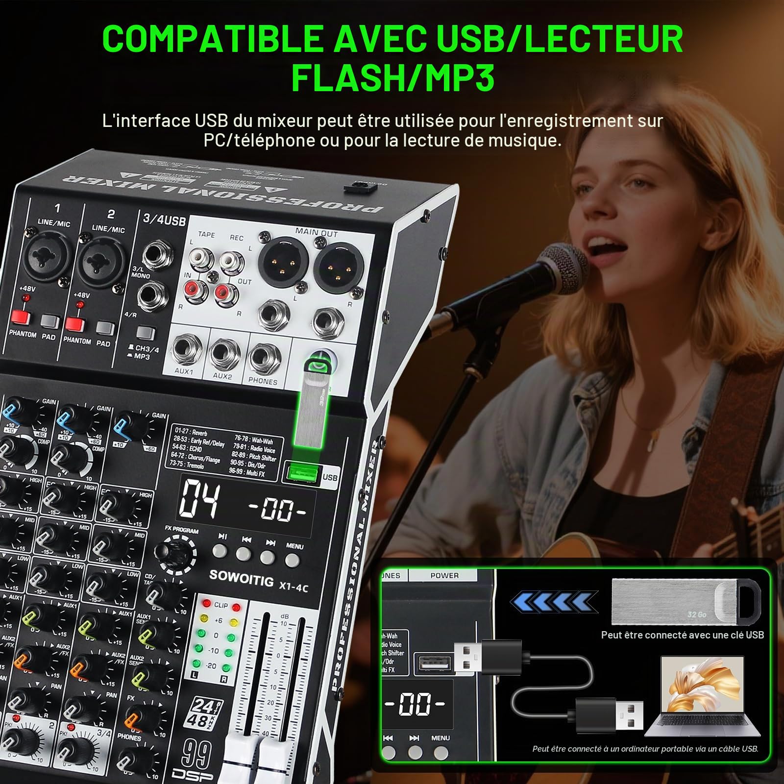 Mixeur audio 4 canaux, table de mixage audio professionnelle avec effets 99DSP, table de mixage DJ compacte avec USB, Bluetooth, alimentation fantôme 48 V et bouton PAD pour l'enregistrement, le