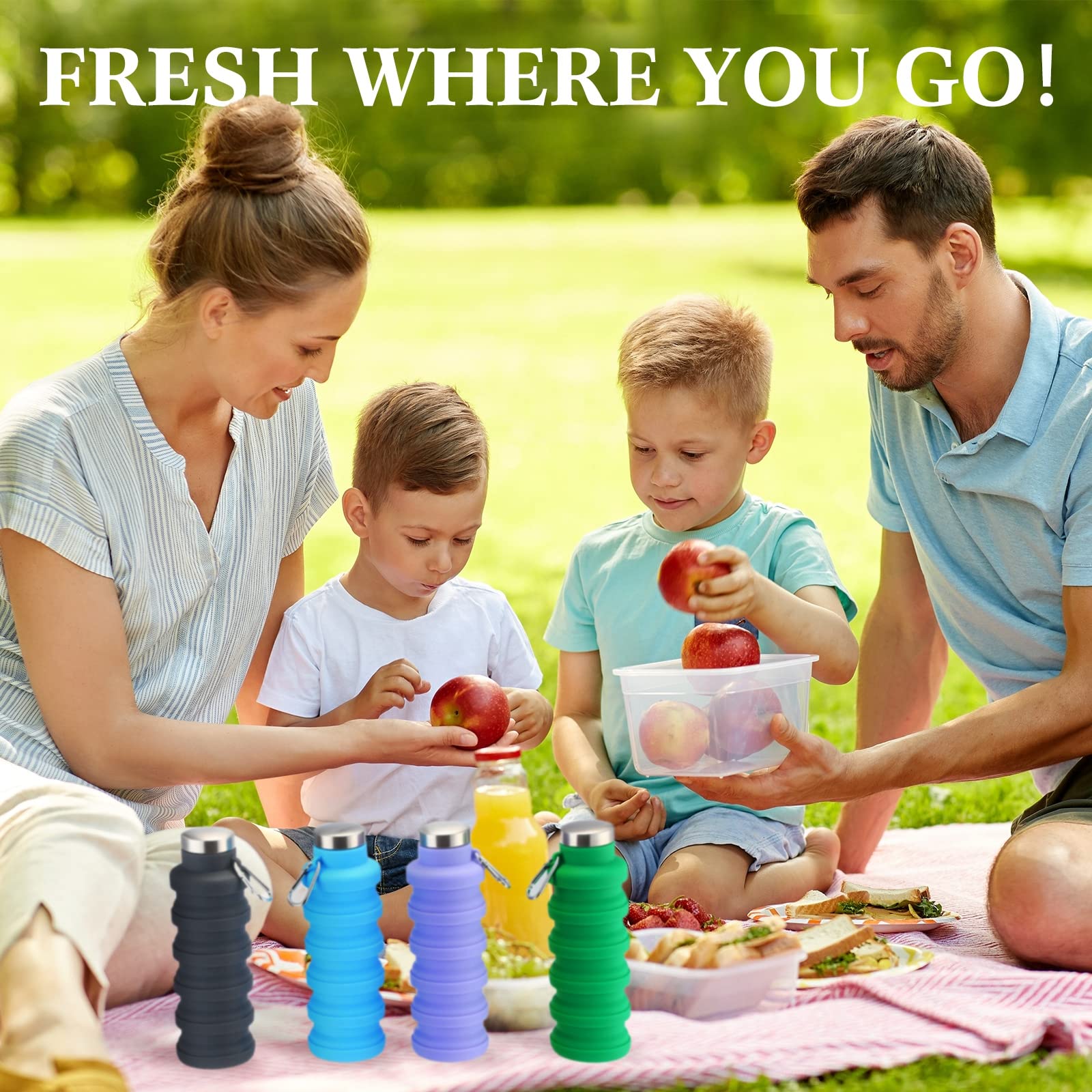 Lallisa Faltbare Wasserflaschen, wiederverwendbar, Silikon, Reise-Wasserflasche, tragbar, auslaufsicher, Sportwasserflaschen für Fitnessstudio, Camping, Wandern, Blau, Lila, Grau, Grün, 4 Stück