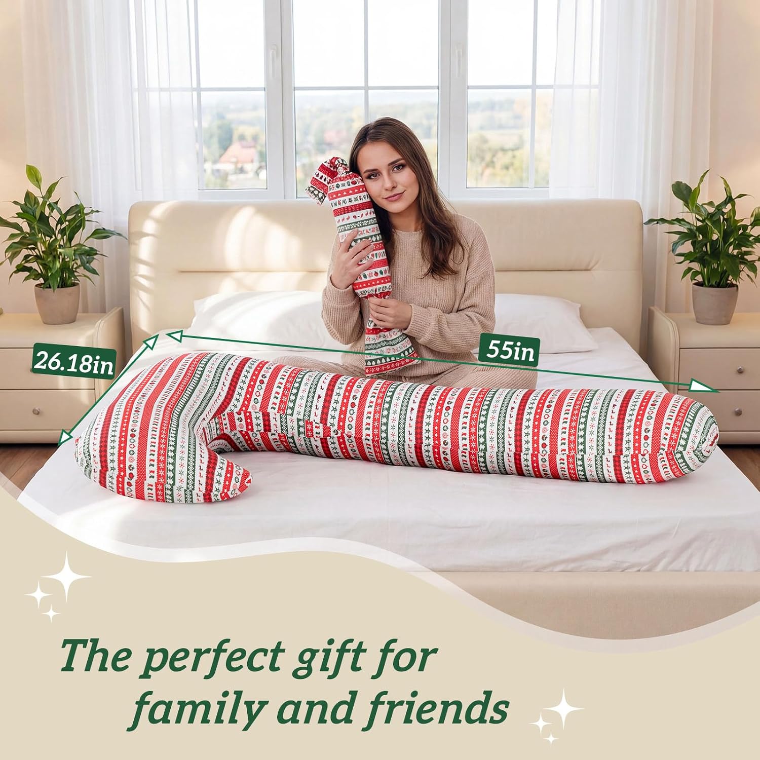 Long Body Pillow with Mini Candy Pillow - Full Size Hugging & Cuddle Bolster, Removable Red Christmas Print Cover, Adjustable Firmness, Machine Washable- for Adults, Kids, Pregnancy Support