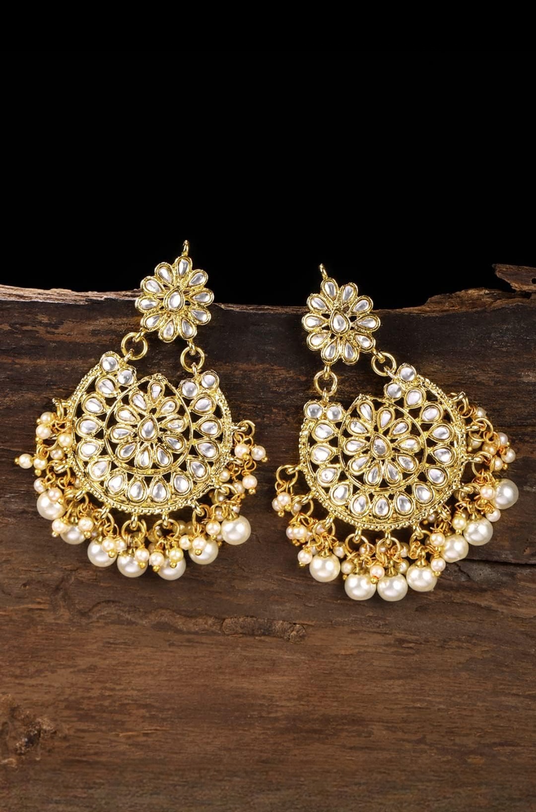 Gold Tone Kundan & Pearls Dangle Earring For Women-ZPFK8661