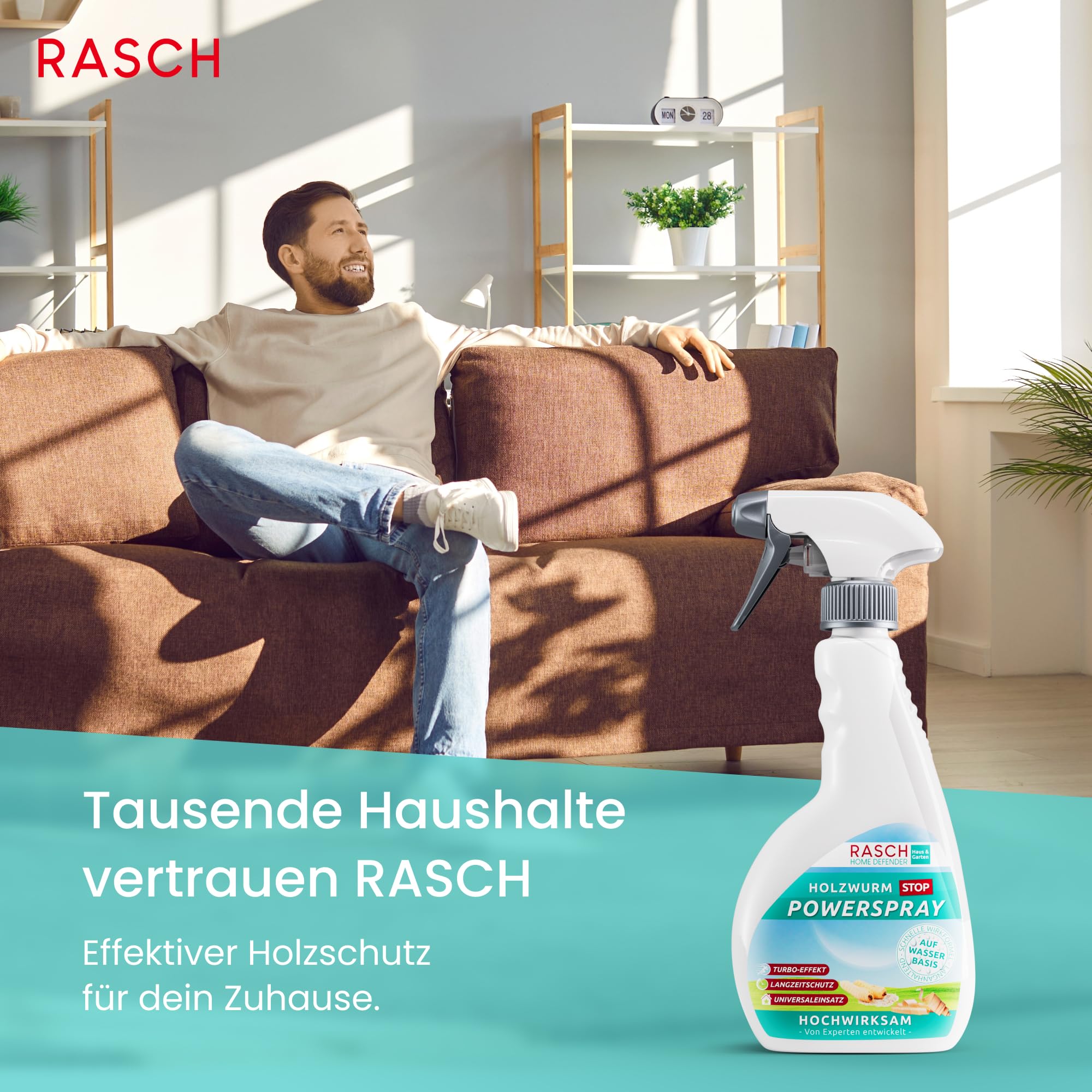 Rasch® Home Defender Holzwurmspray [500ML] - Anti Holzwurm Spray - Mittel für Holzwurmtod - Holzwurmmittel - Holzschutzspray gegen Holzwürmer - Holzschutzmittel Sprayflasche gegen Holzwurmbefall