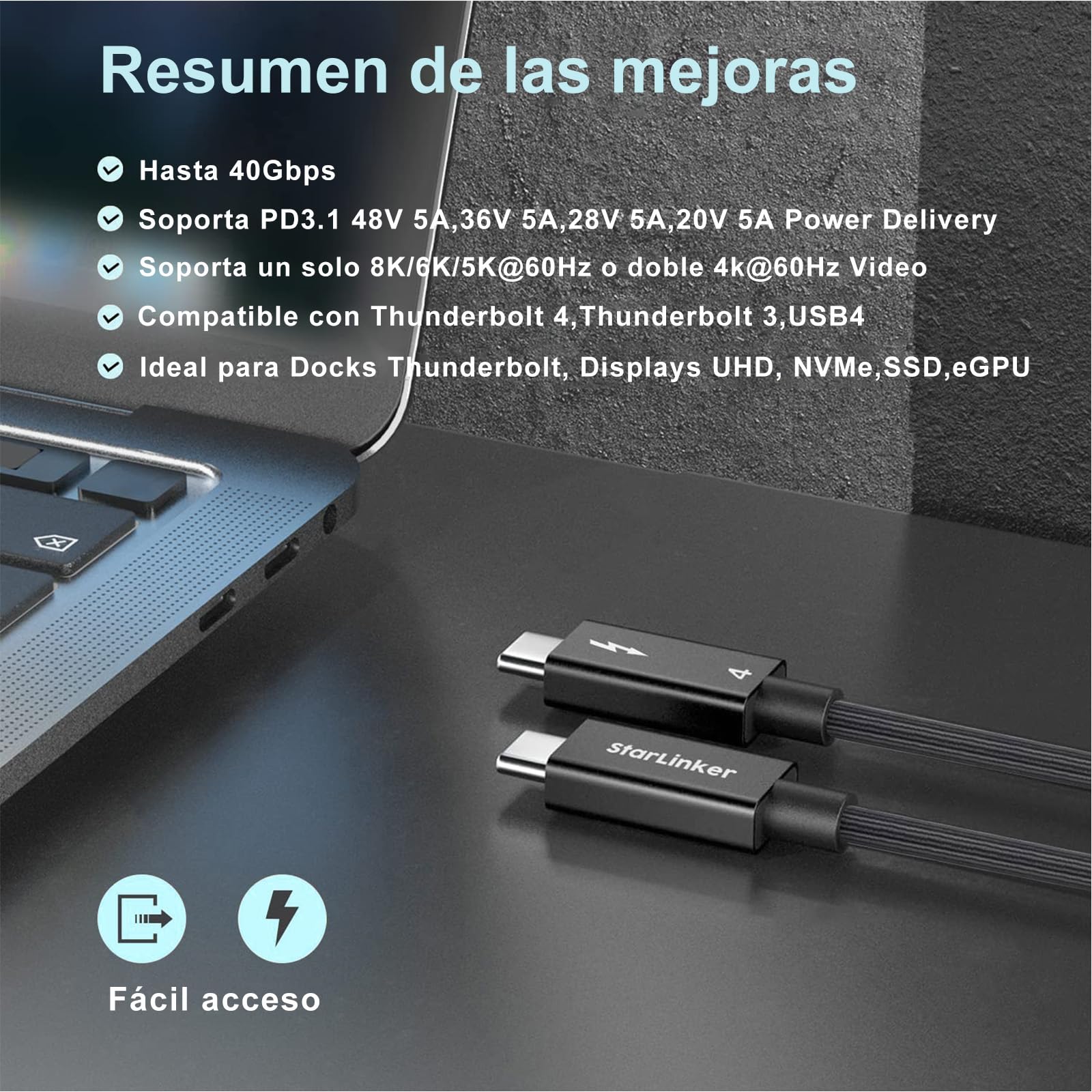 Cable Thunderbolt 4 de 240W 3m, Trenzado, Carga PD, Transferencia de datos de 40Gbps y 8K@60Hz 4K@144Hz, USB C para Thunderbolt 3, USB4, MacBook Pro, iPad Pro, Docking, eGPU, Monitor, SSD