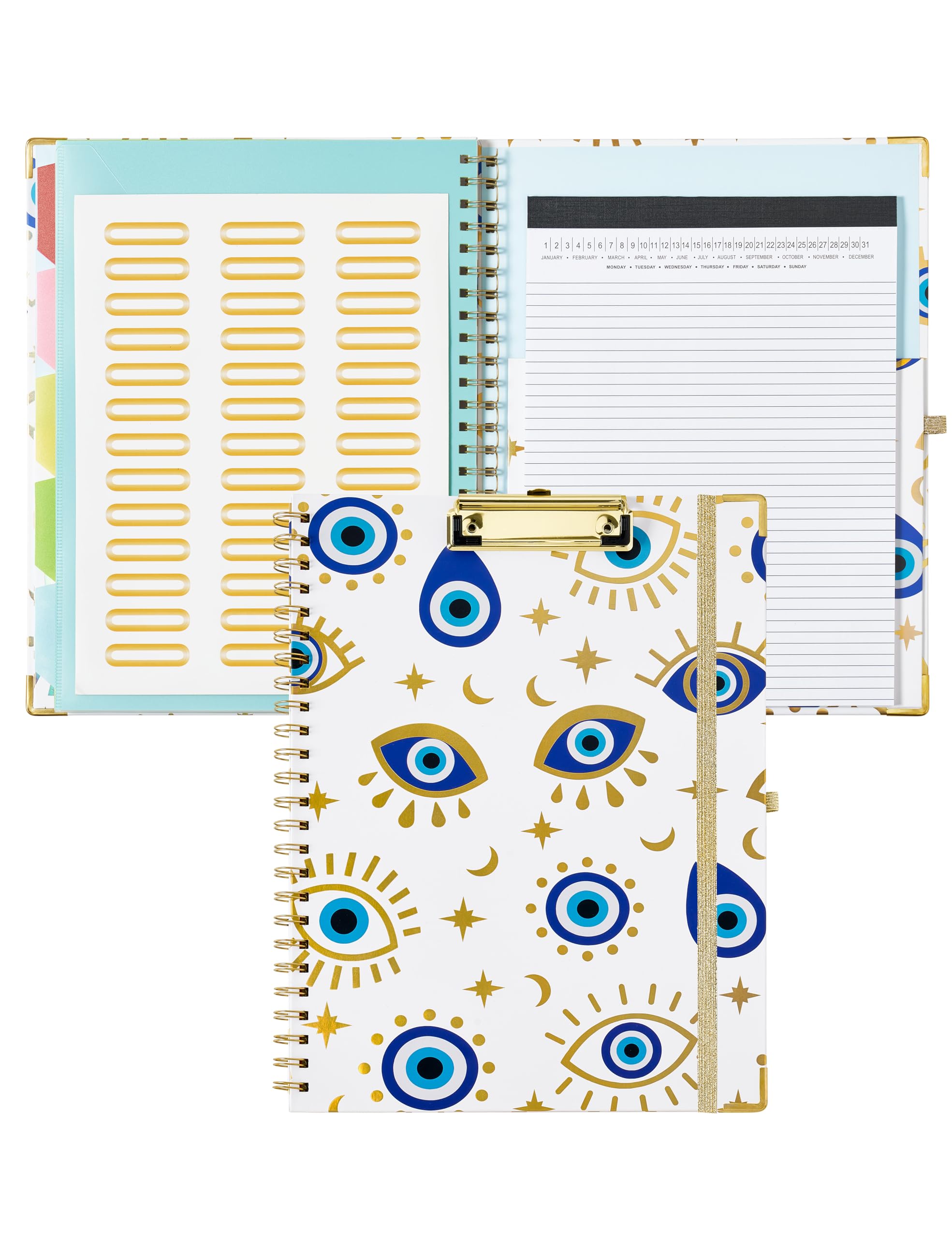 MymaznClipboard with Storage, Clipboards Folio with Refillable 11"x8.5" Legal Pads,5 Extra Folders with Storage 10 Pockets for Documents, Portfolio Binder with Pen Holder for Men Women (Evil Eyes)