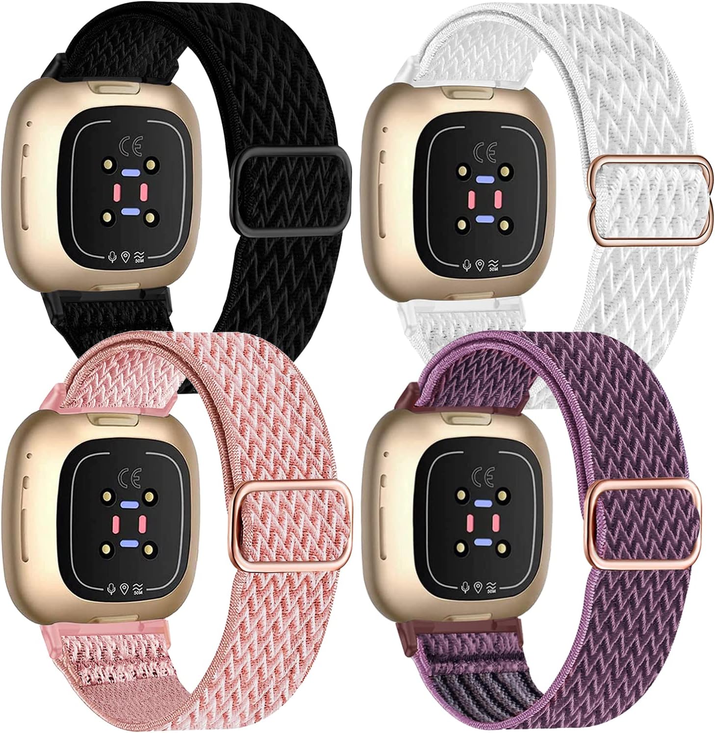 4 Pack Elastic Nylon Bands Compatible with Fitbit Versa 4/Versa 3/Sense 2/Sense, Soft Breathable Replacement Adjustable Stretchy Nylon Loop Wristband Sport Strap for Woman Man