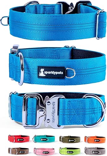 SparklyPets Collar ancho resistente para perro con hebilla cromada de liberación rápida, collar táctico para perro con rayas reflectantes y forro