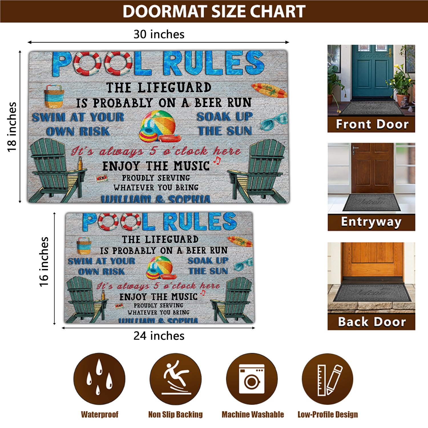 THUYPT Personalized Pool Doormat, Pool Rug with Pool Rules Pattern, Poolside Decorations Pool Accessories, Pool Patio Decor Summer Themed Outdoor/Indoor (05)