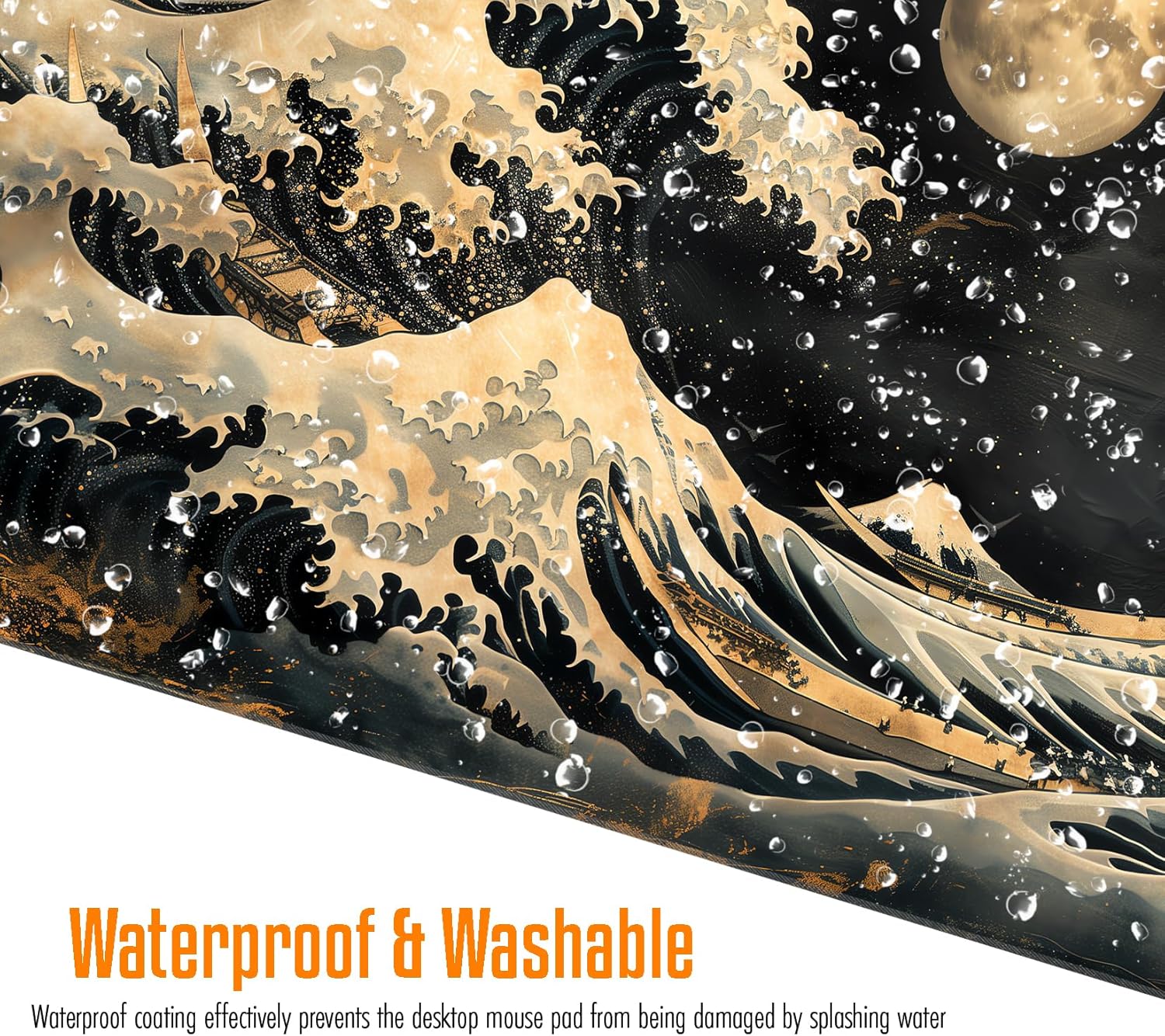 VNDL Large Japanese Black and Gold Gaming Mouse Pad, Sea Waves, Premium Non-Slip Anime Desk Pad for Office, Extended XL XXL Mouse Mat and Laptop Pad, Waterproof and Stiched Edges 31.5 x 15.7 in (wg1) - Image 6