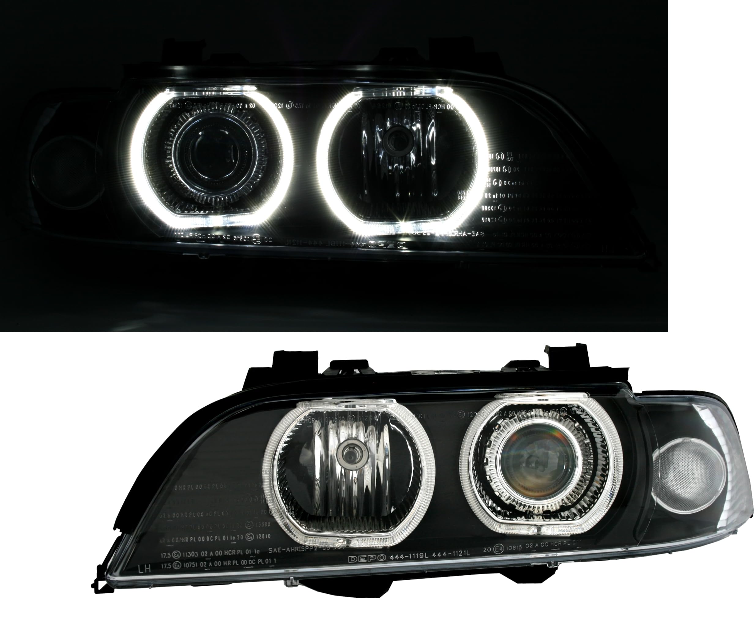 Angel Eyes Scheinwerfer Set Schwarz für 5er BMW E39 (9/1995-8/2000) H7/H7 | LED Ringe, weißesLicht, Halogen, H7, Aftermarket, Tuning, inkl. Motoren elektrische LWR, Blinker Weiß,