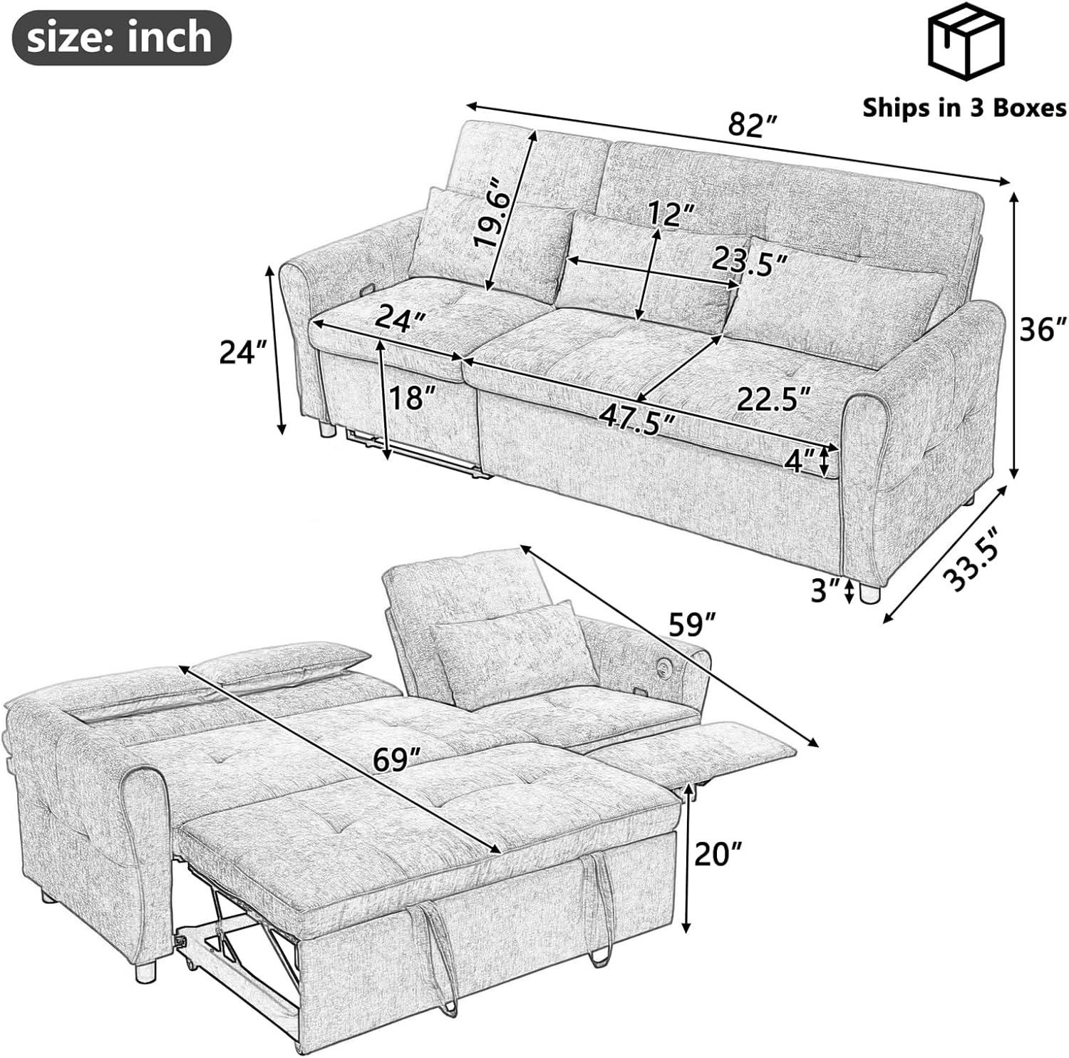 Convertible Sofa Bed, 2 in 1 Sleeper Couch with Pull Out Bed and Reversible Recliner, Comfy Chenille Couch with 3 Pillows & Adjustable Backrest & USB Ports for Living Room, Brown
