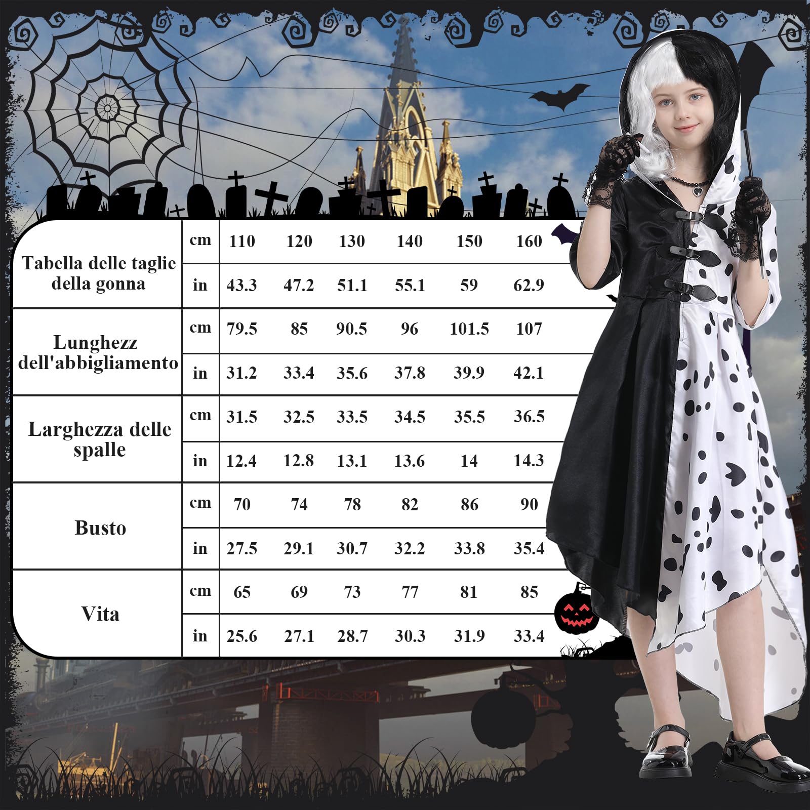 IEEILULU Cruella Costume Bambina, Vestito Crudelia Demon Donna, Costume da Crudelia Deville per Ragazze, Buono per il Ragazze Cosplay di Halloween - il Carnevale del Male