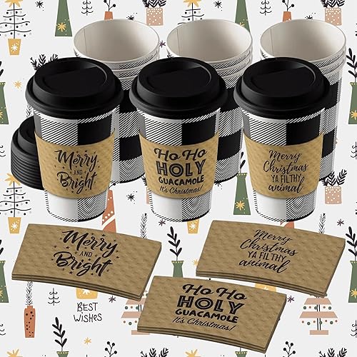 Miniatura 2 de Live It Up Party Supplies Tazas y tapas desechables de café o chocolate caliente en diseño de cuadros navideños 12 unidades con fundas de papel