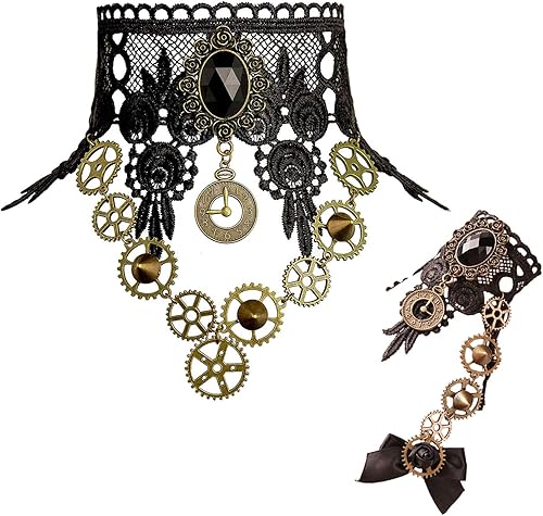 Gargantilla para Steampunk Halloween Punk fiesta de disfraces retro engranaje reloj engranaje engranaje mujeres gótico negro collares de encaje