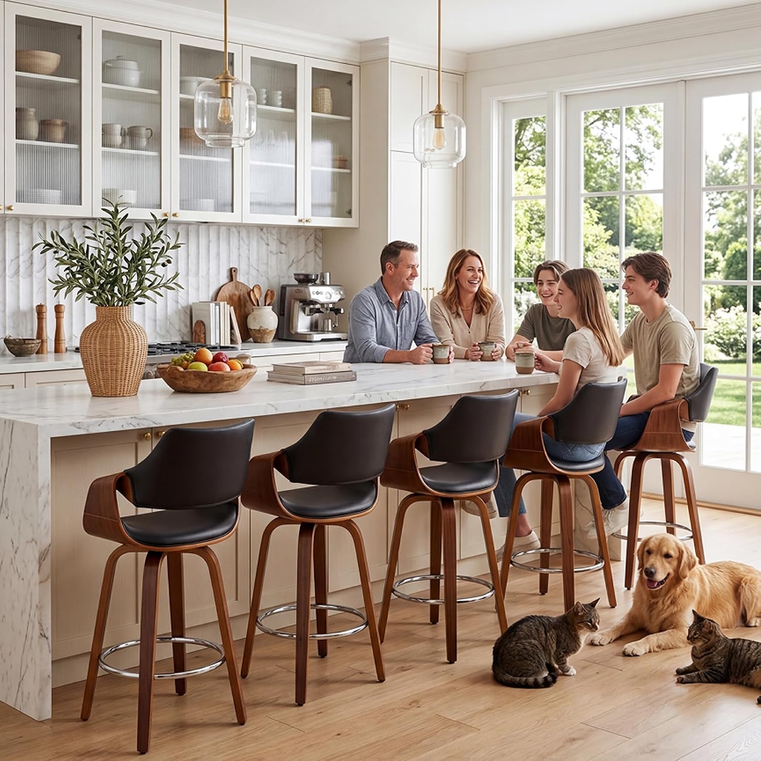 26’’ Modern Barrel Swivel Counter Stools Counter Height Swivel Bar Stools with Backs Set of 2 Black Faux Leather Upholstered Bar Height Island Chairs, Farmhouse Walnut Wood Barstool for Kitchen Island