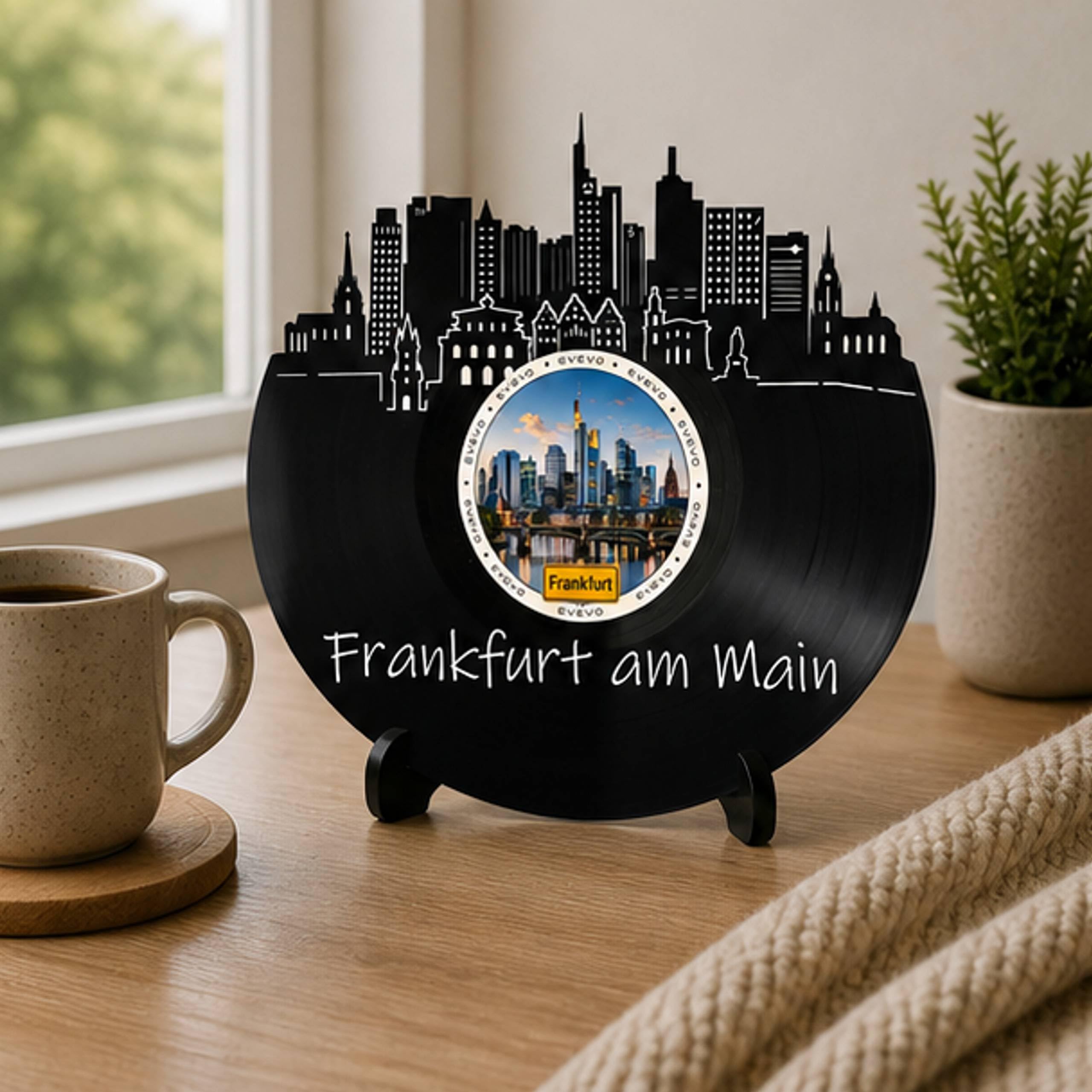 EVEVO Decorazione da parete a forma di disco di Francoforte, in vinile, decorazione da parete con skyline di Assia, regalo per i fan di Francoforte, amanti dei Romani di Mainhattan D0064