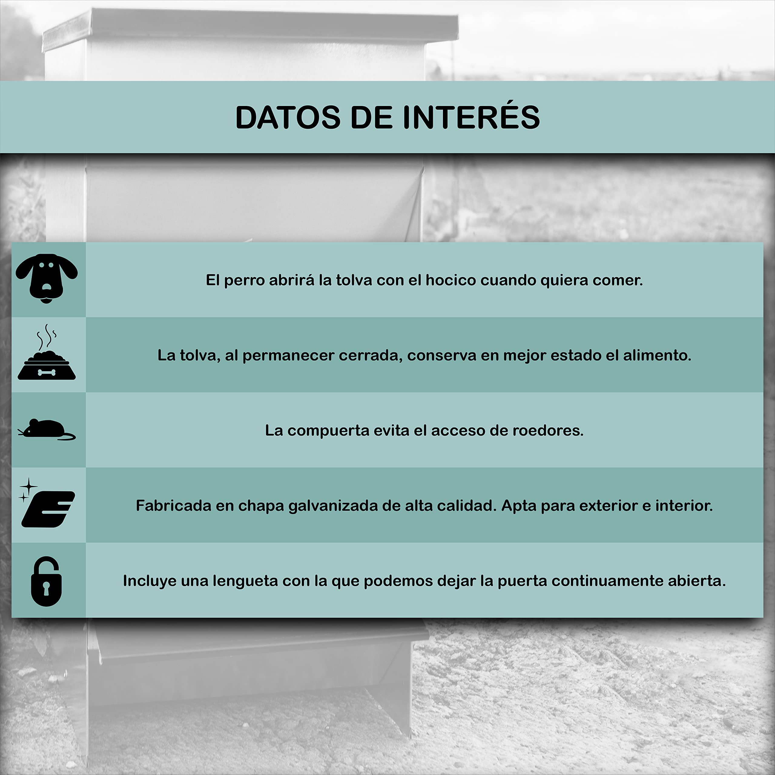 Comedero para Perros (Capacidad 30 L / 21,6 kg Aprox.) - Tolva para Perros Galvanizada Premium - con Tapa para Proteger el Pienso - Incluye expendedor de bolsitas